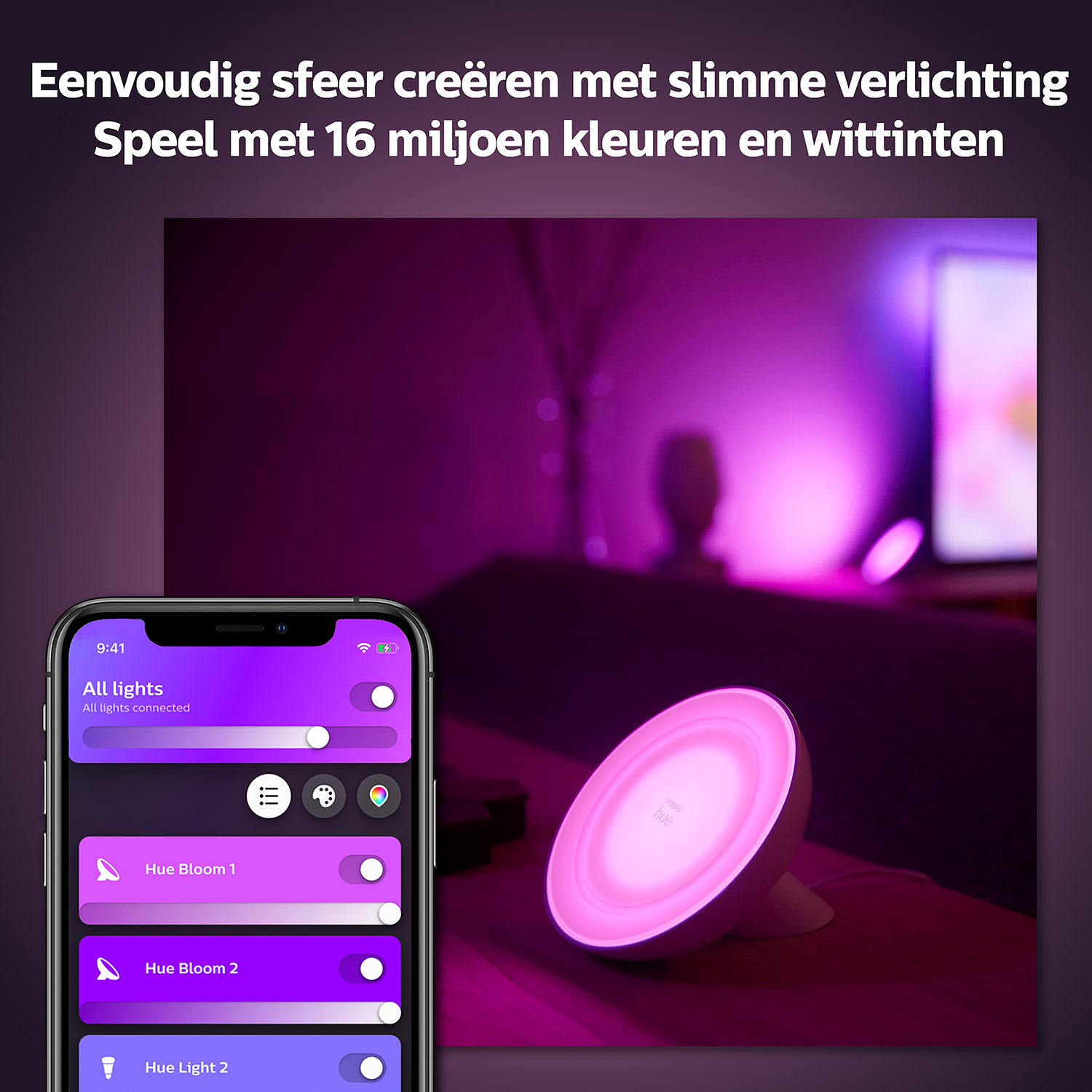 Een slimme lamp met roze licht. Een telefoon toont instellingen voor de Hue Bloom-lamp.