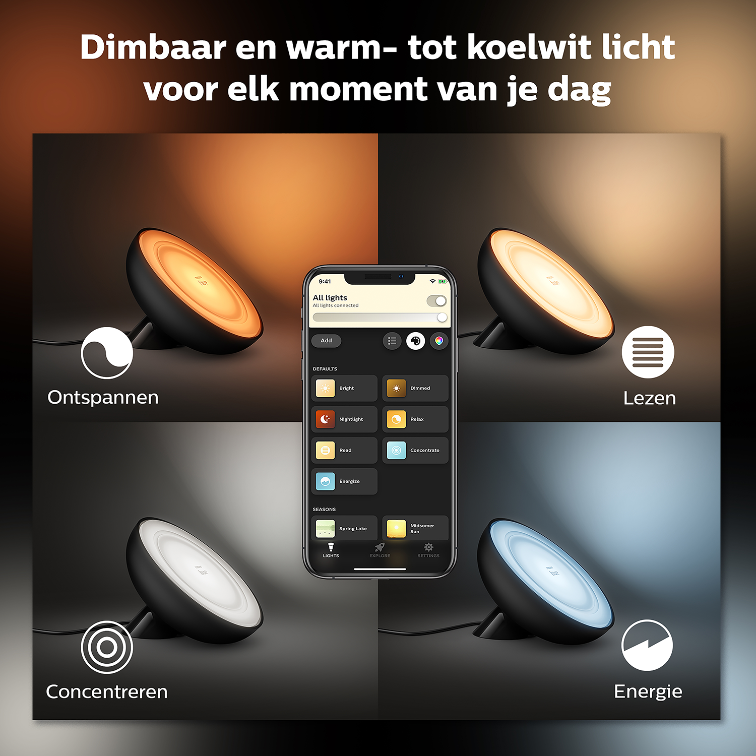 Een smartphone toont lichtinstellingen met afbeeldingen van lichten.