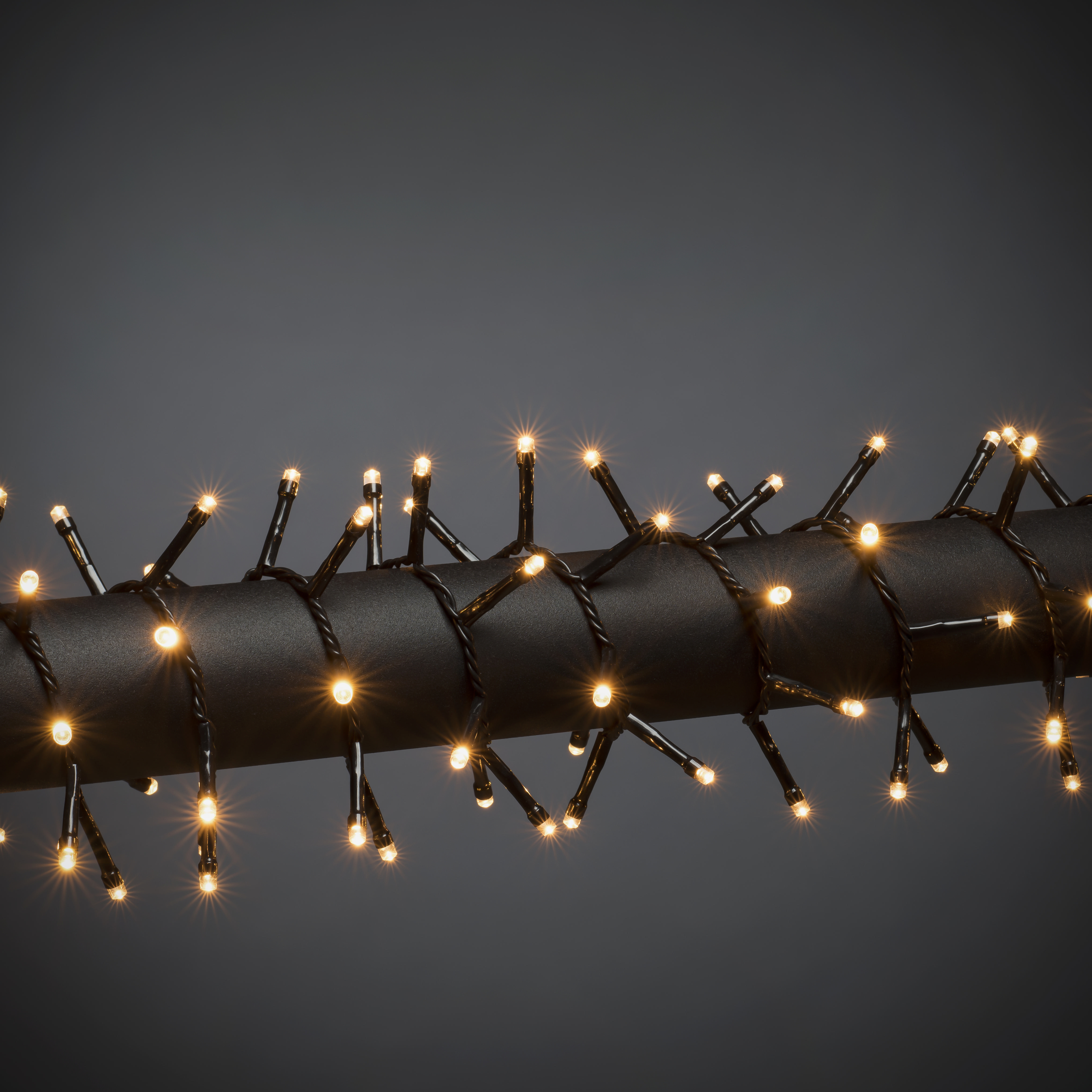 Lichterkette an einem schwarzen Kabel, mit vielen kleinen, hellen, gelb-weißen Lichtern.