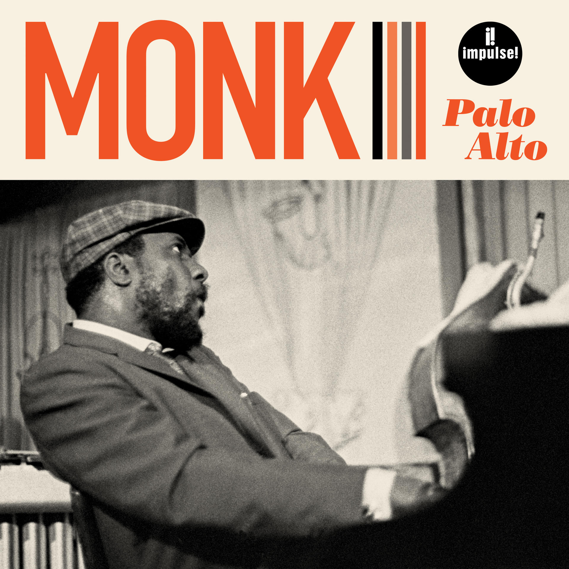 Fekete-fehér kép egy dzsessz zenészről, aki zongorázik, a 'MONK' és 'Palo Alto' szöveggel.