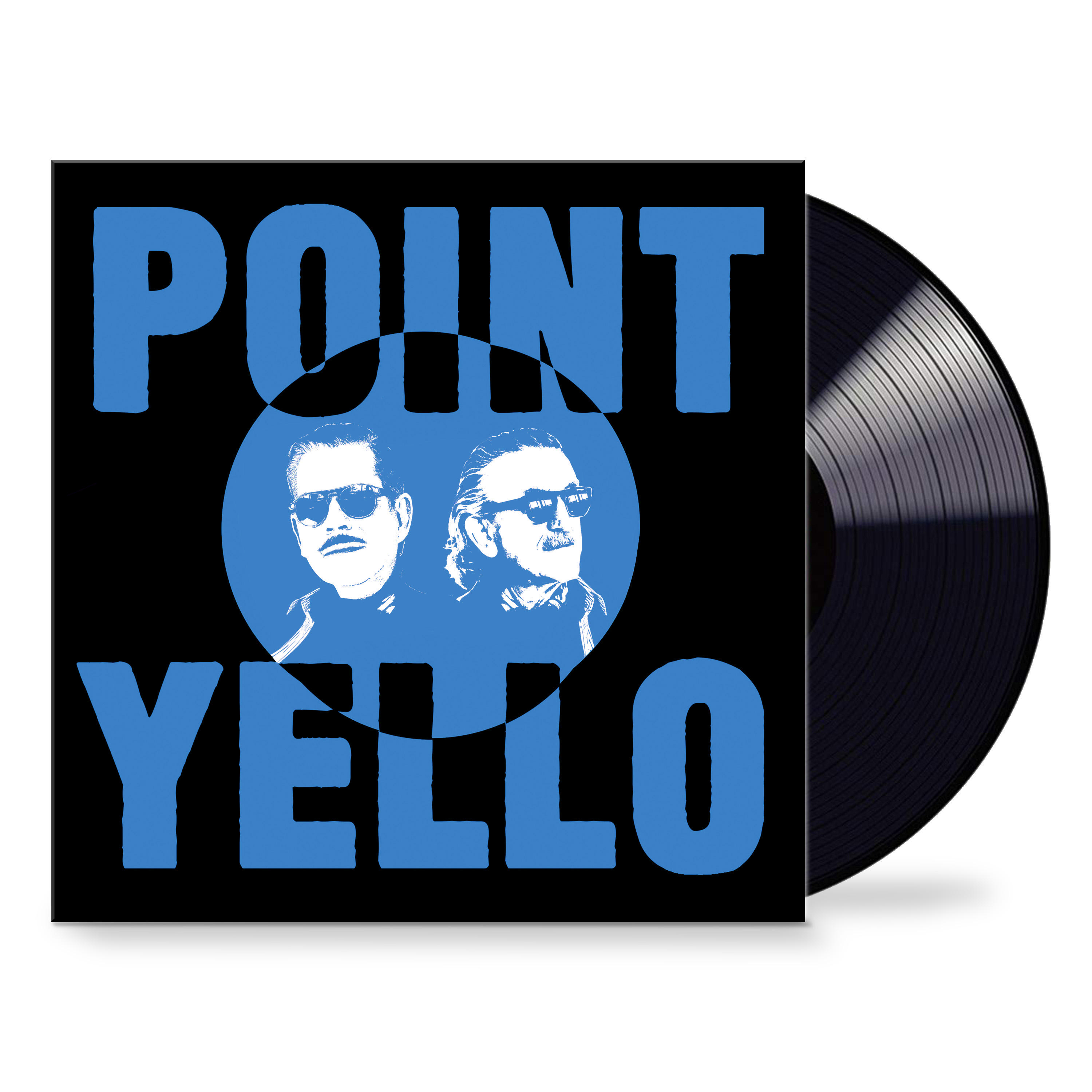 Vinyl-Schallplattencover. Blauer 'Point Yello'-Text und blauer Kreis mit zwei Gesichtern.
