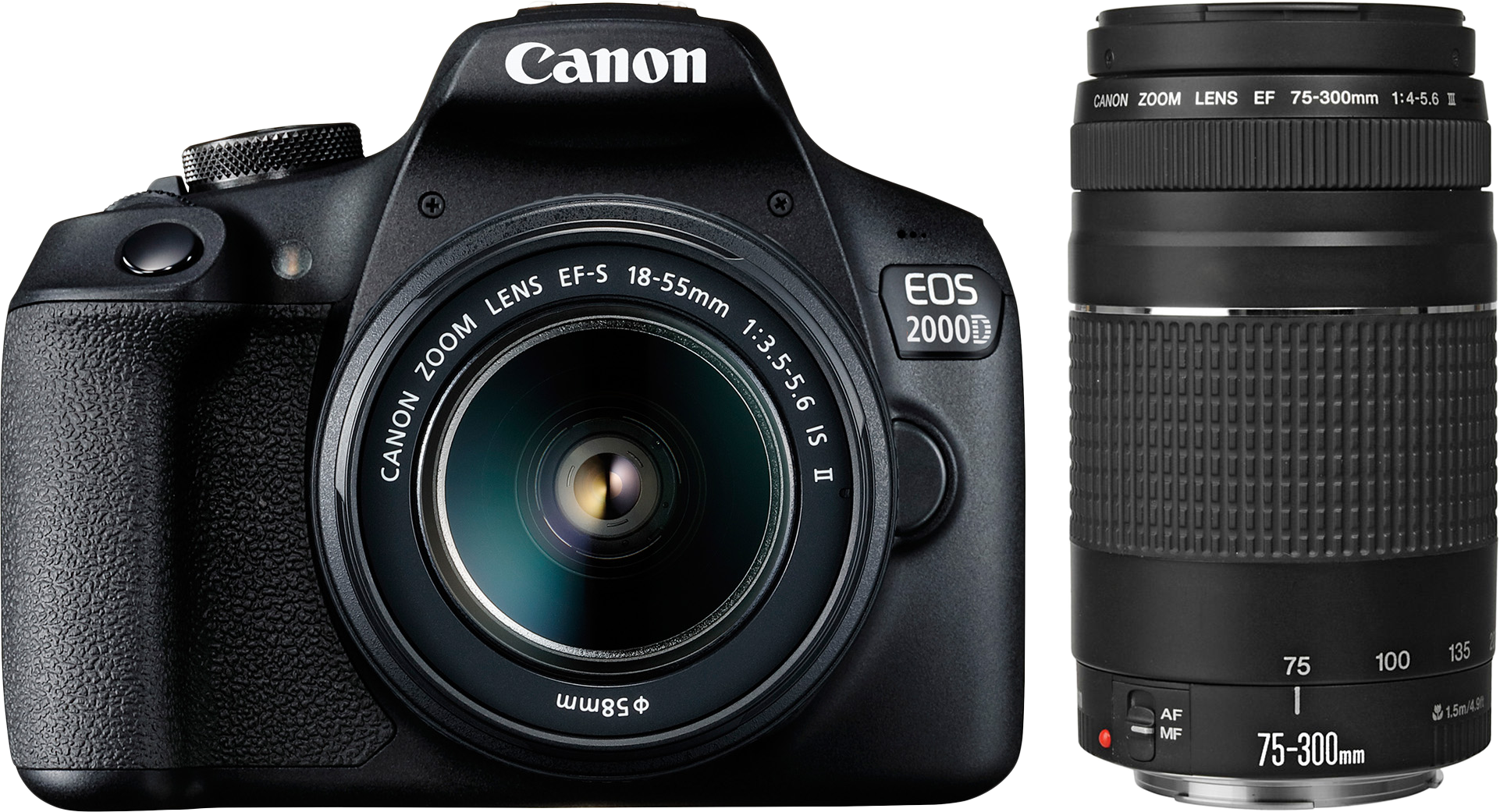 Egy Canon kamera két objektívvel, fekete testtel és zoom funkciókkal, fehér háttérrel.
