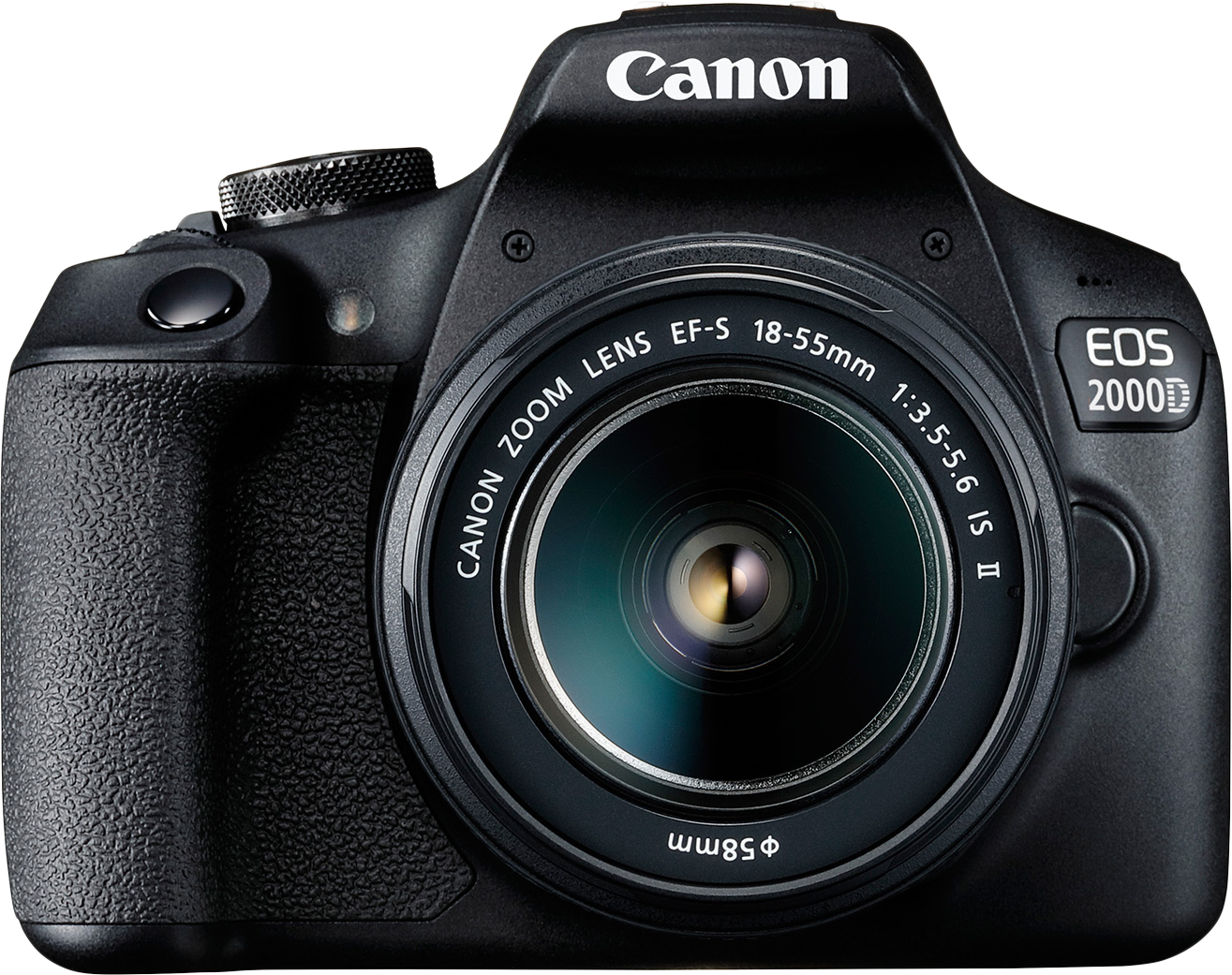 Egy fekete Canon EOS 2000D fényképezőgép objektívvel.