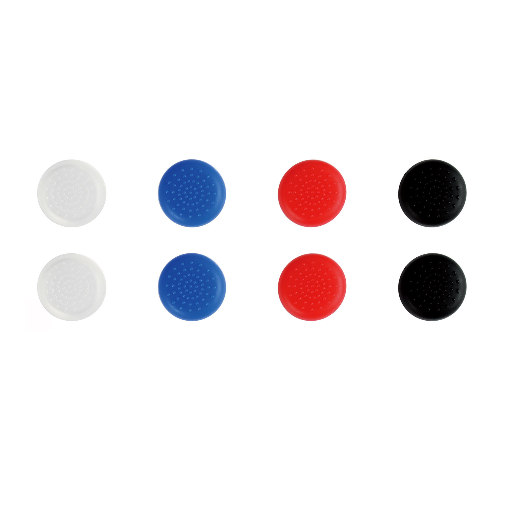 Eight colored controller thumb grips: white, blue, red, black, in two rows.
