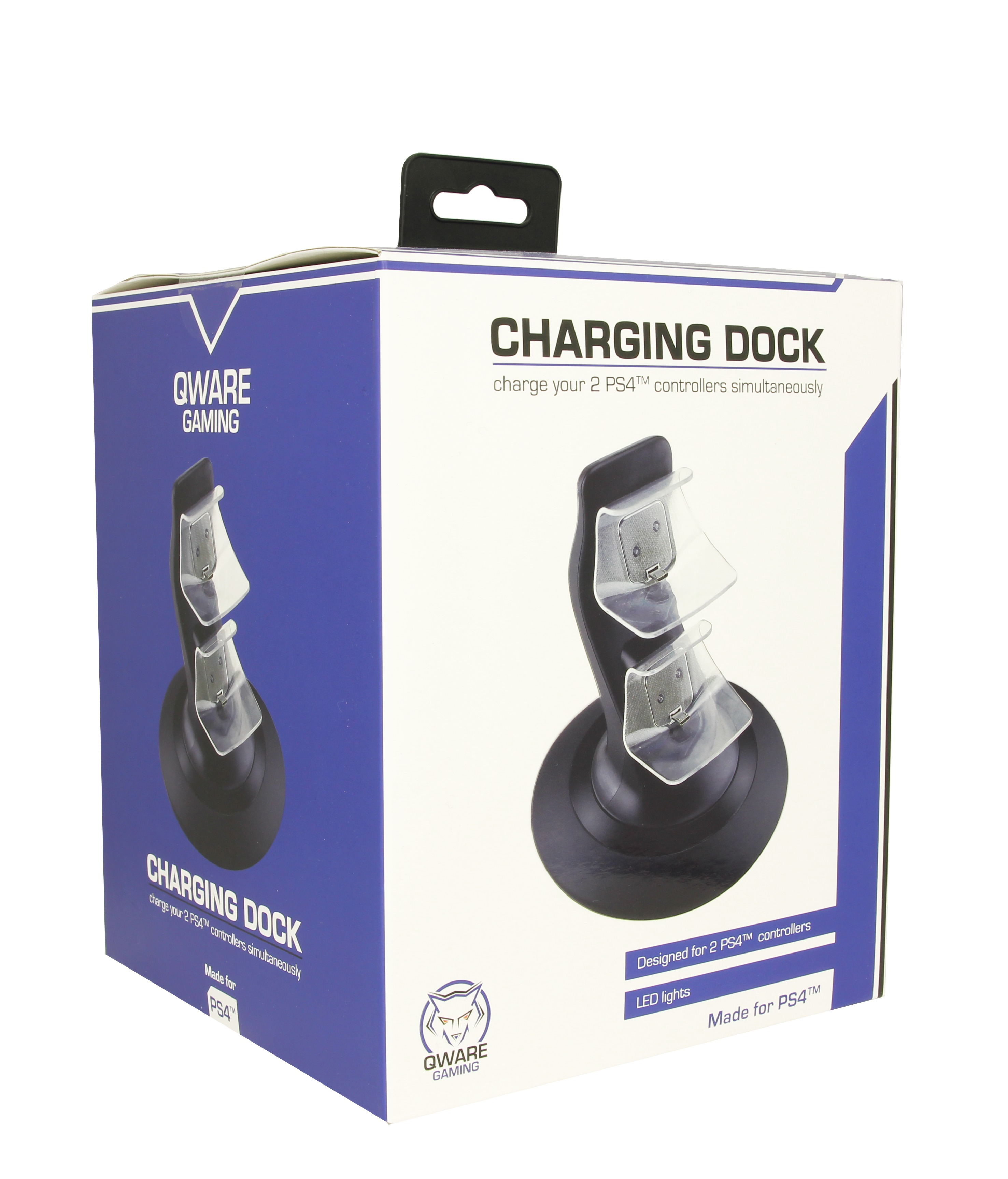 Charging dock box. The box is blue and white with a charging dock illustration.