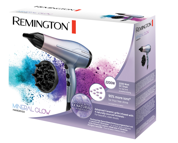 Secador de pelo Remington Mineral Glow en una caja, con accesorios y texto.