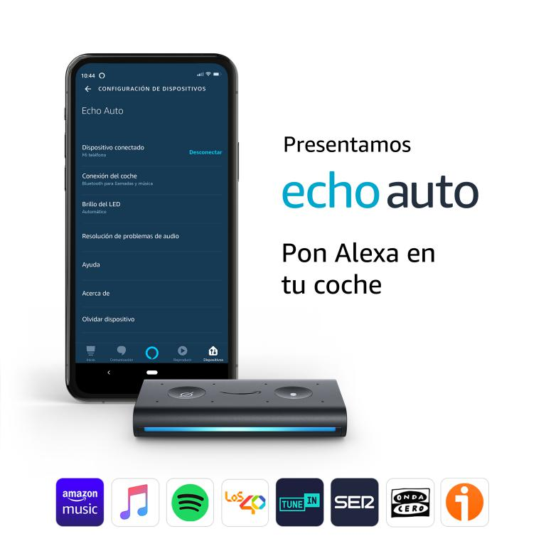 Un teléfono inteligente que muestra un panel de control para 'Echo Auto', con logotipos debajo.