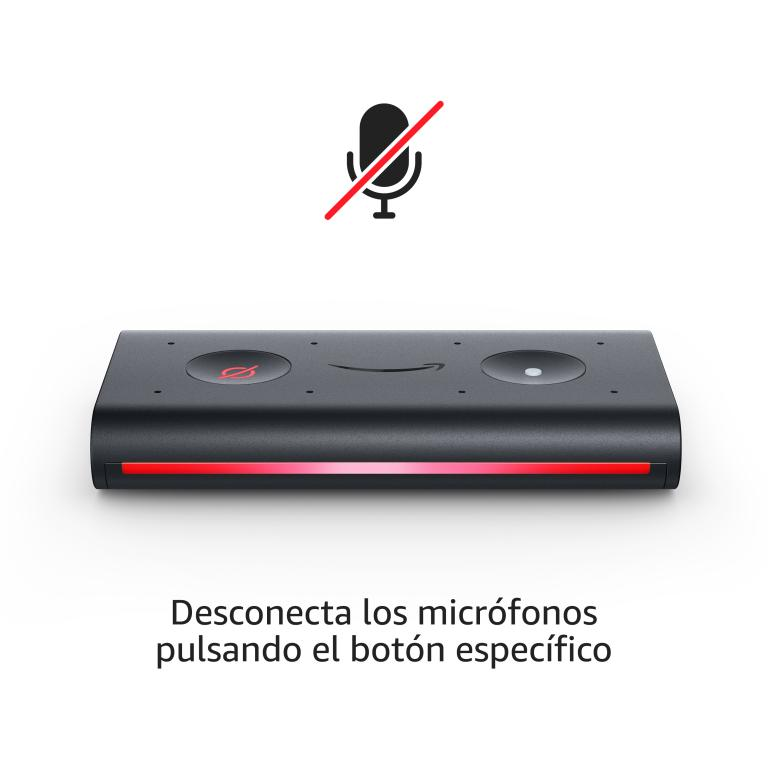 Dispositivo negro con una luz roja y el logotipo de Amazon. Muestra un micrófono con una barra.