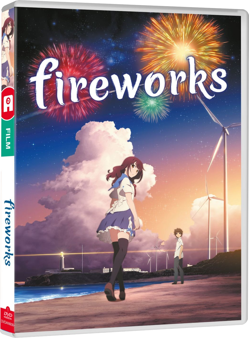 Couverture DVD avec art anime : fille sur une plage, feux d'artifice et éoliennes. Titre 'Fireworks'.