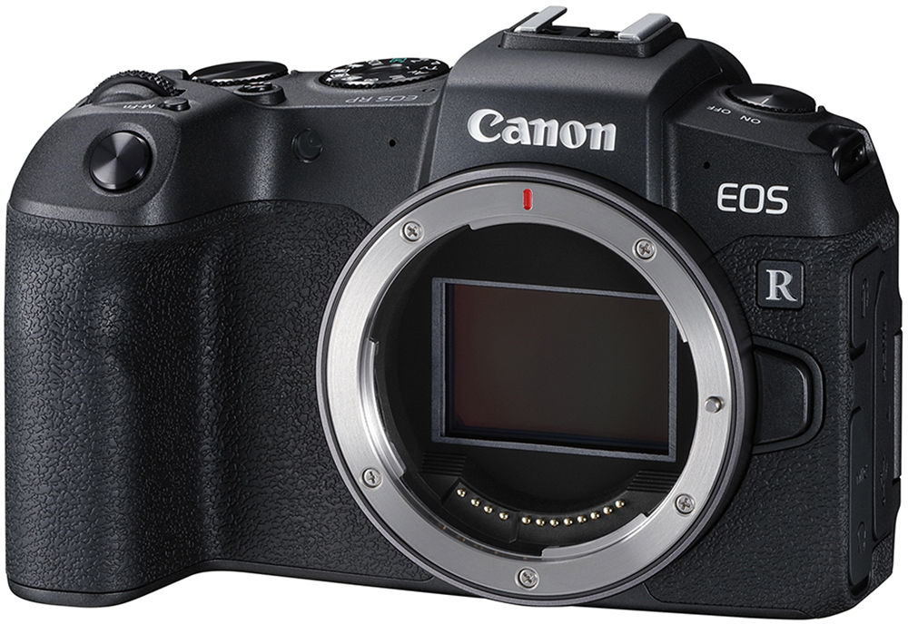 Fekete Canon EOS R kamera, elölnézet.