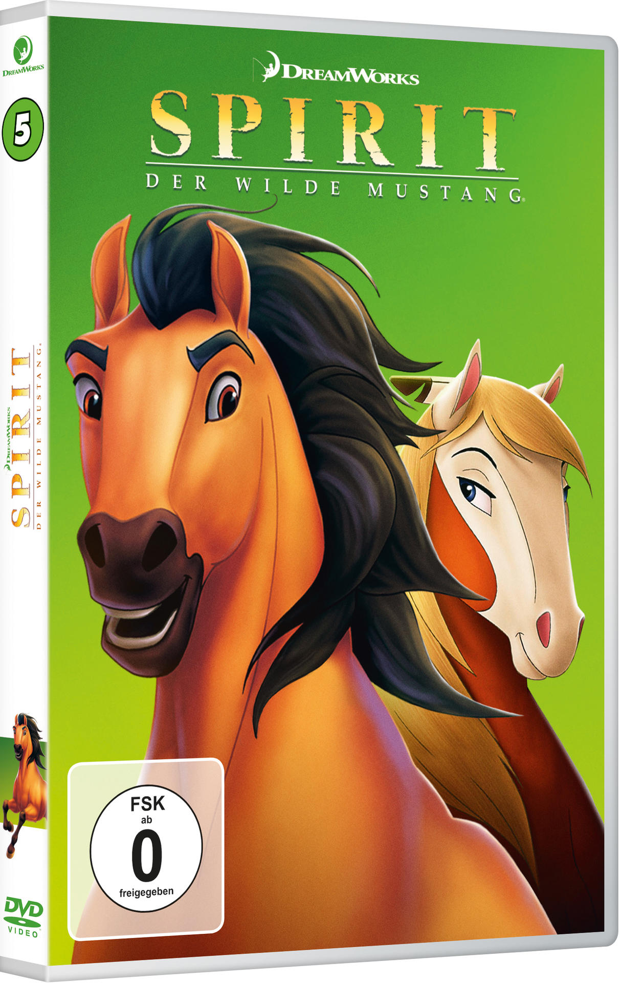 DVD-Hülle mit einem braunen Pferd und einem weißen Pferd. Der Titel lautet Spirit: Der Wilde Mustang.