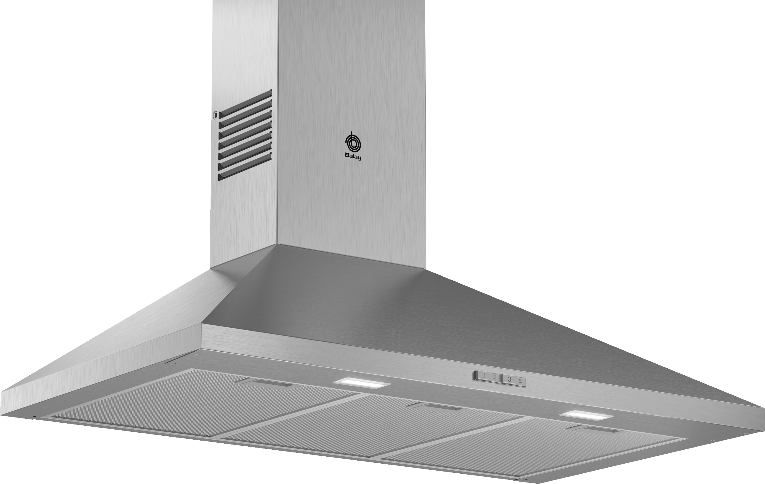 Campana extractora de acero inoxidable con luces y panel de control.
