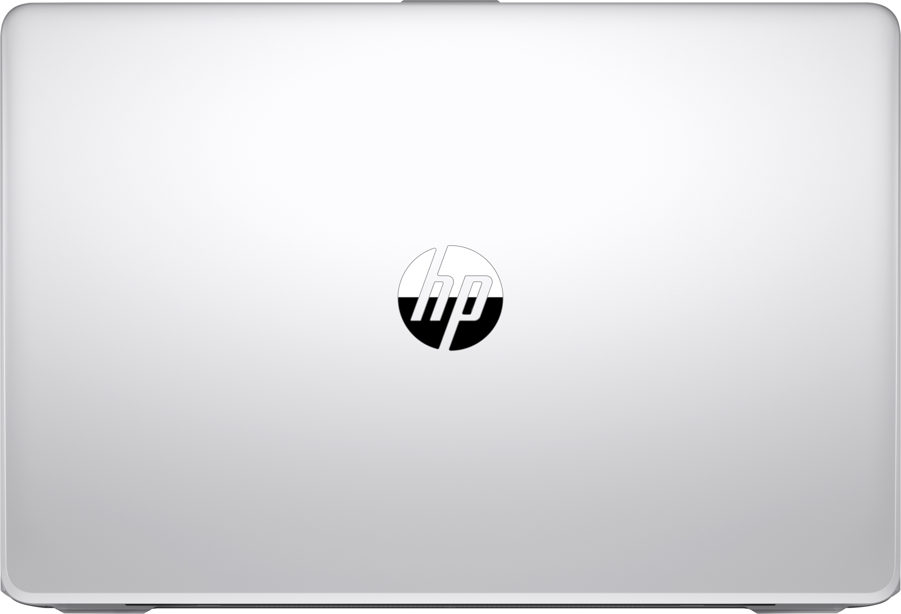 Silberner Laptop mit HP-Logo auf dem Deckel. Die Abdeckung ist glatt und reflektierend.