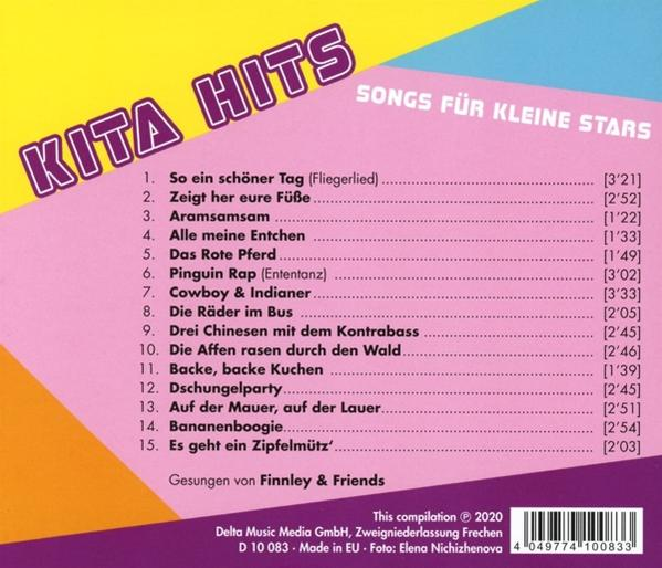Albumcover mit Text: KITA HITS, Lieder für kleine Stars. Titelliste nummeriert auf rosa Hintergrund.