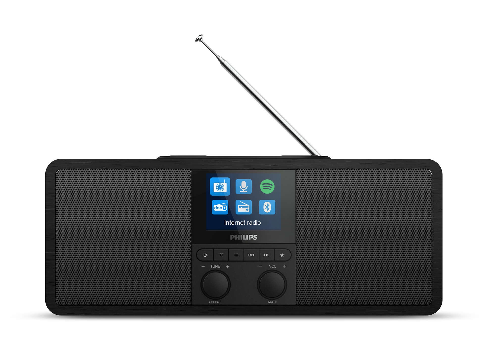 Ein schwarzes Philips Internetradio mit kleinem Bildschirm und Antenne.