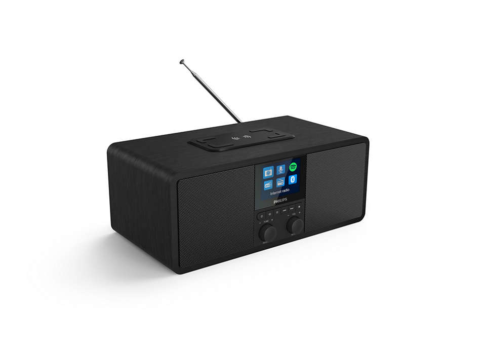 Schwarzes Philips Internetradio mit Bildschirm und Knöpfen. Antenne oben.