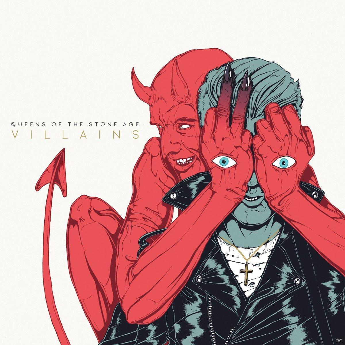 Album borítója. Egy vörös ördög átölel egy személyt, aki eltakarja a szemét, a 'Queens of the Stone Age Villains' szöveggel.