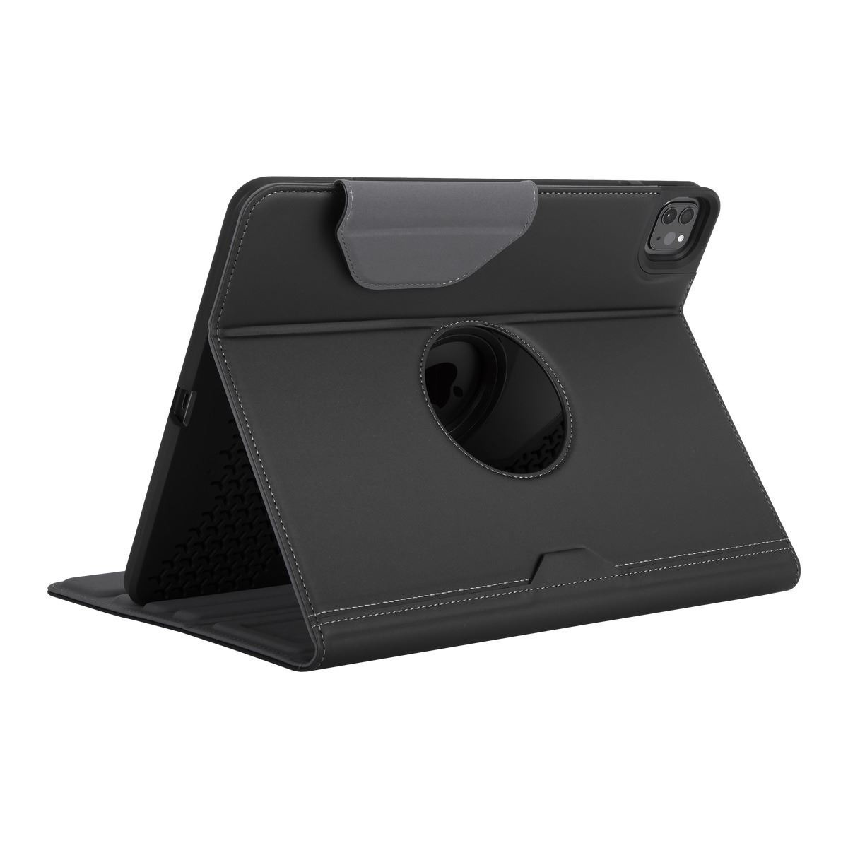Funda negra para iPad con soporte giratorio, mostrando la parte trasera de una tableta.