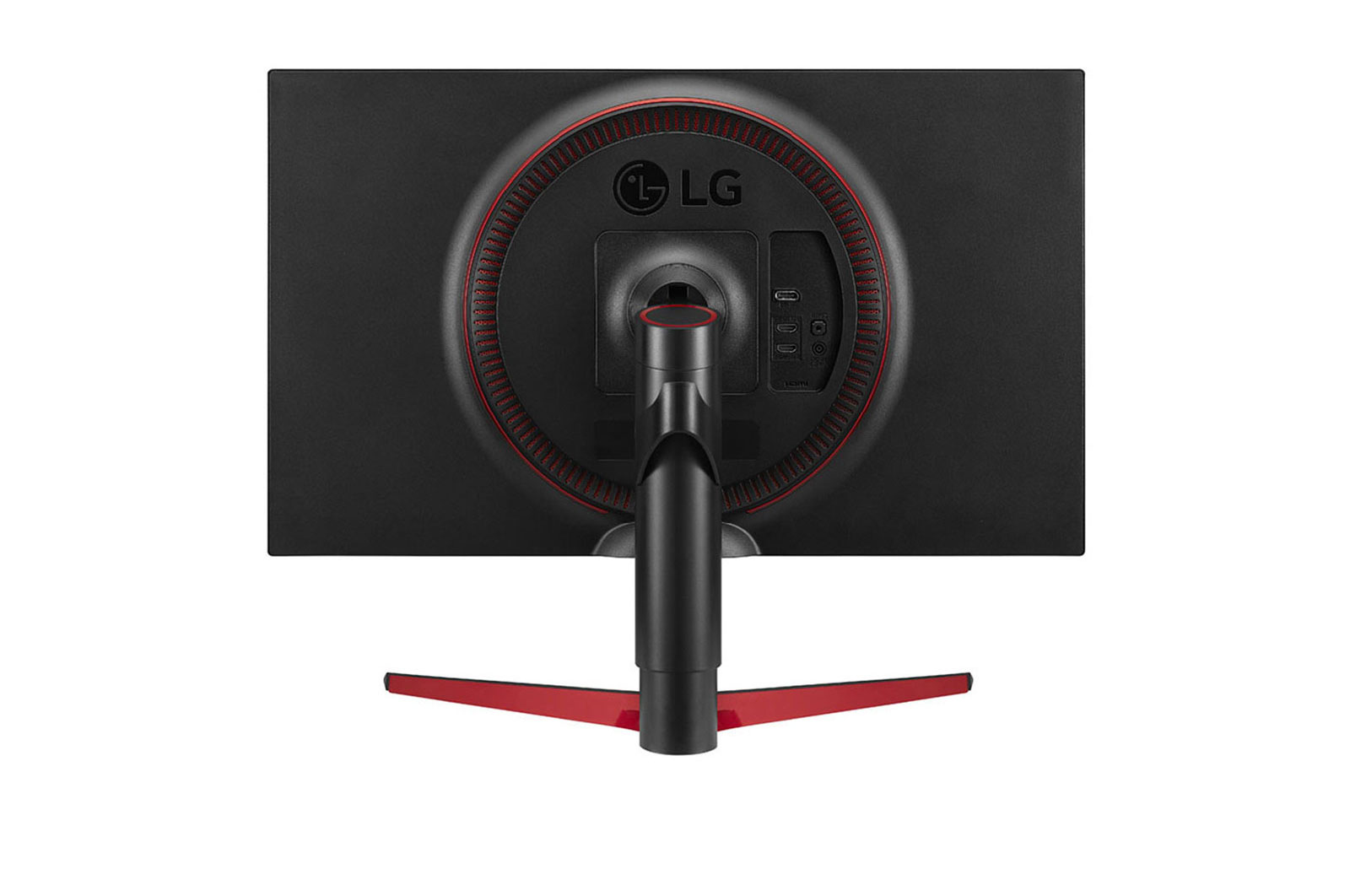 Kırmızı detaylı siyah bir LG monitörün arka görünümü. Stand ve bağlantı noktaları görünür.