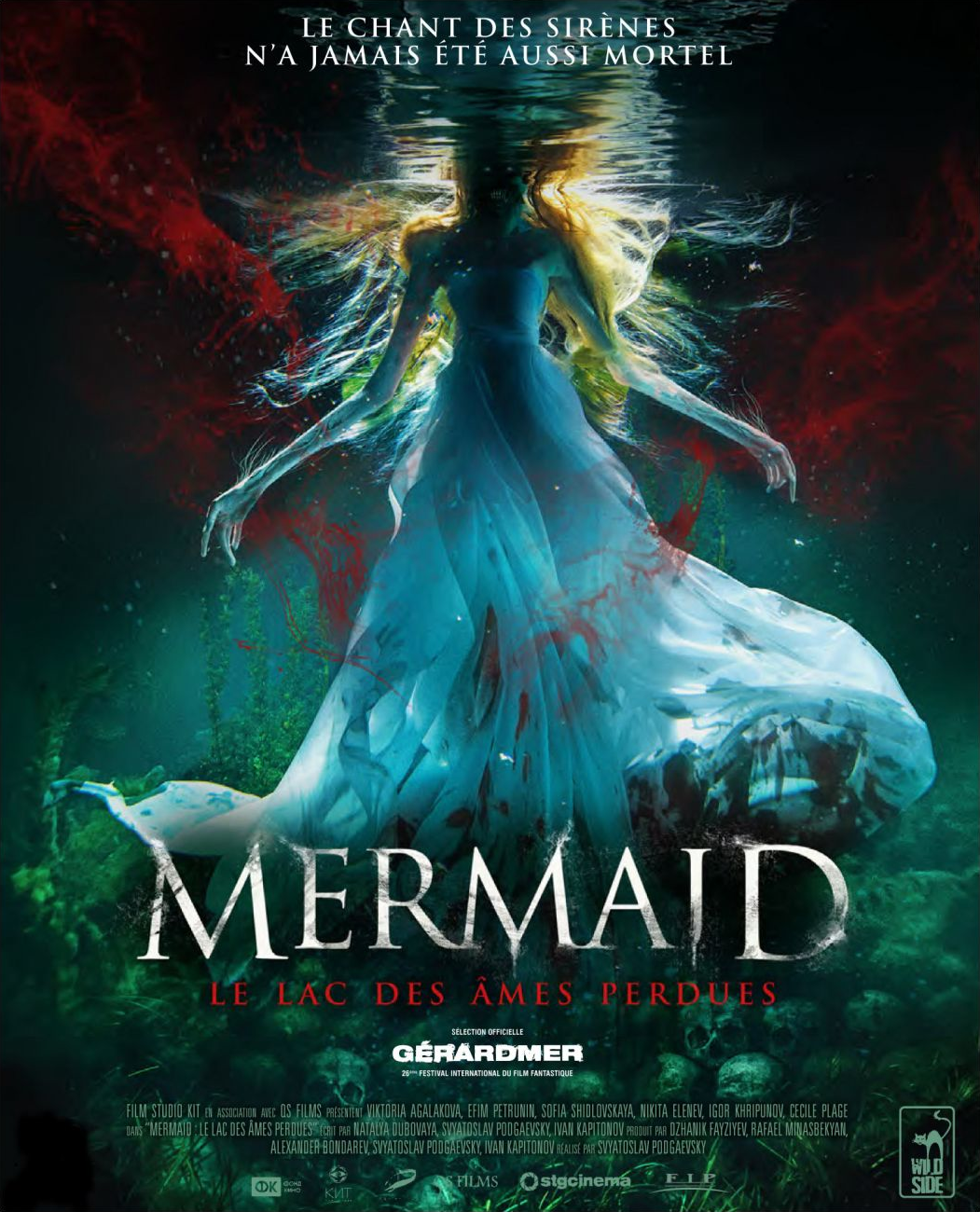 Affiche du film "Mermaid". Une sirène en robe blanche nage dans une scène sous-marine verte.