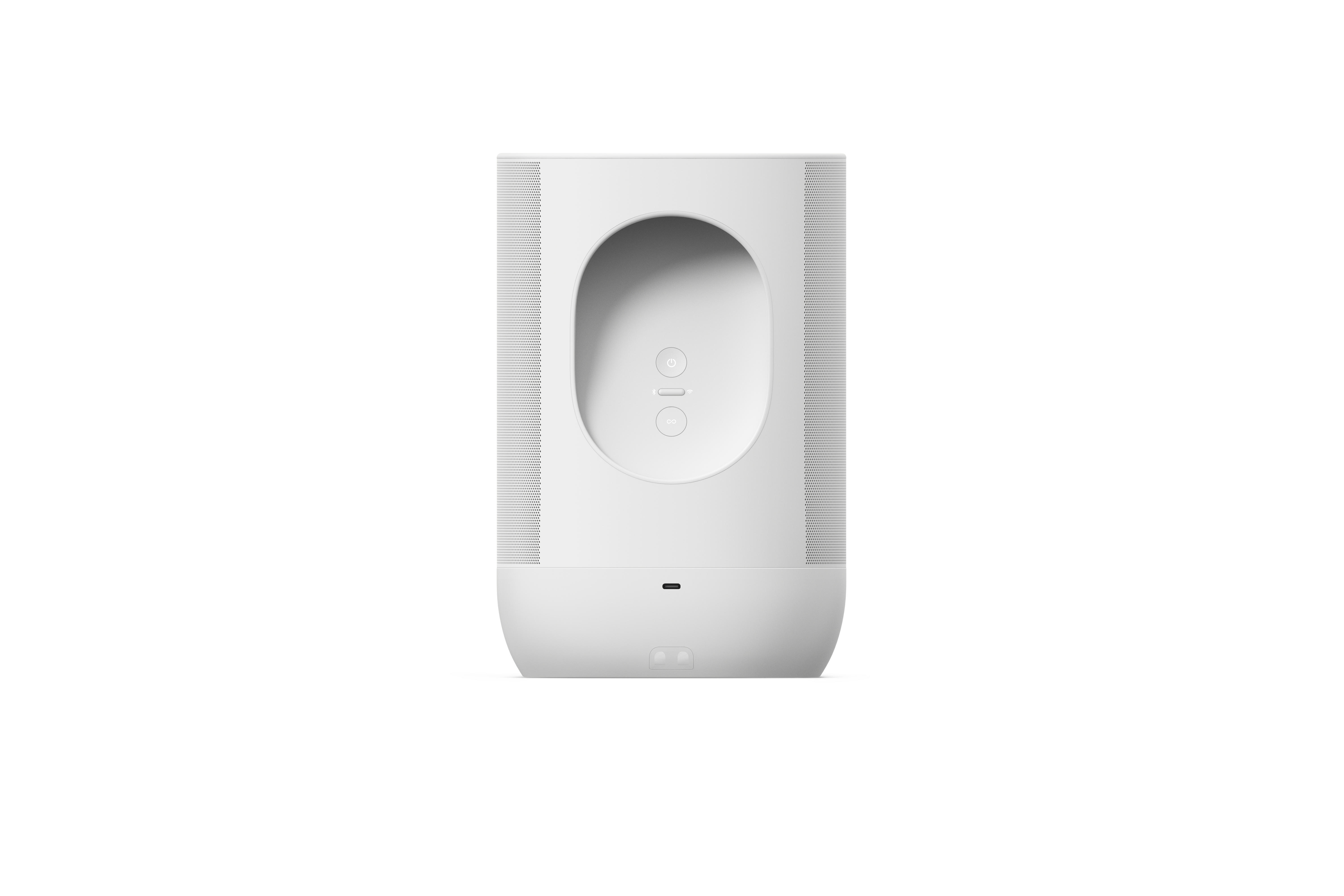 Ein weißer, zylindrischer Smart Speaker mit abgerundeter Oberseite und Knopf. Die Rückseite hat eine kleine Aussparung.
