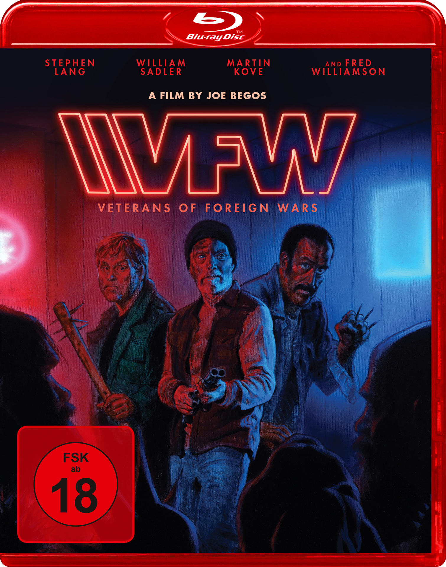 Blu-ray-Cover: Drei Männer, einer hält einen Baseballschläger, Titel 'VFW' und roter Kasten mit '18'.
