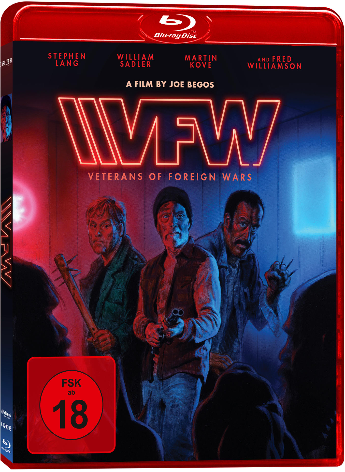 Filmcover mit drei Männern, Neon-Titel und Warnhinweis.