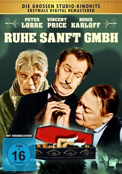 Filmplakat mit drei Männern im Anzug, einer ist ein Zombie. Sarg mit einer Frau.