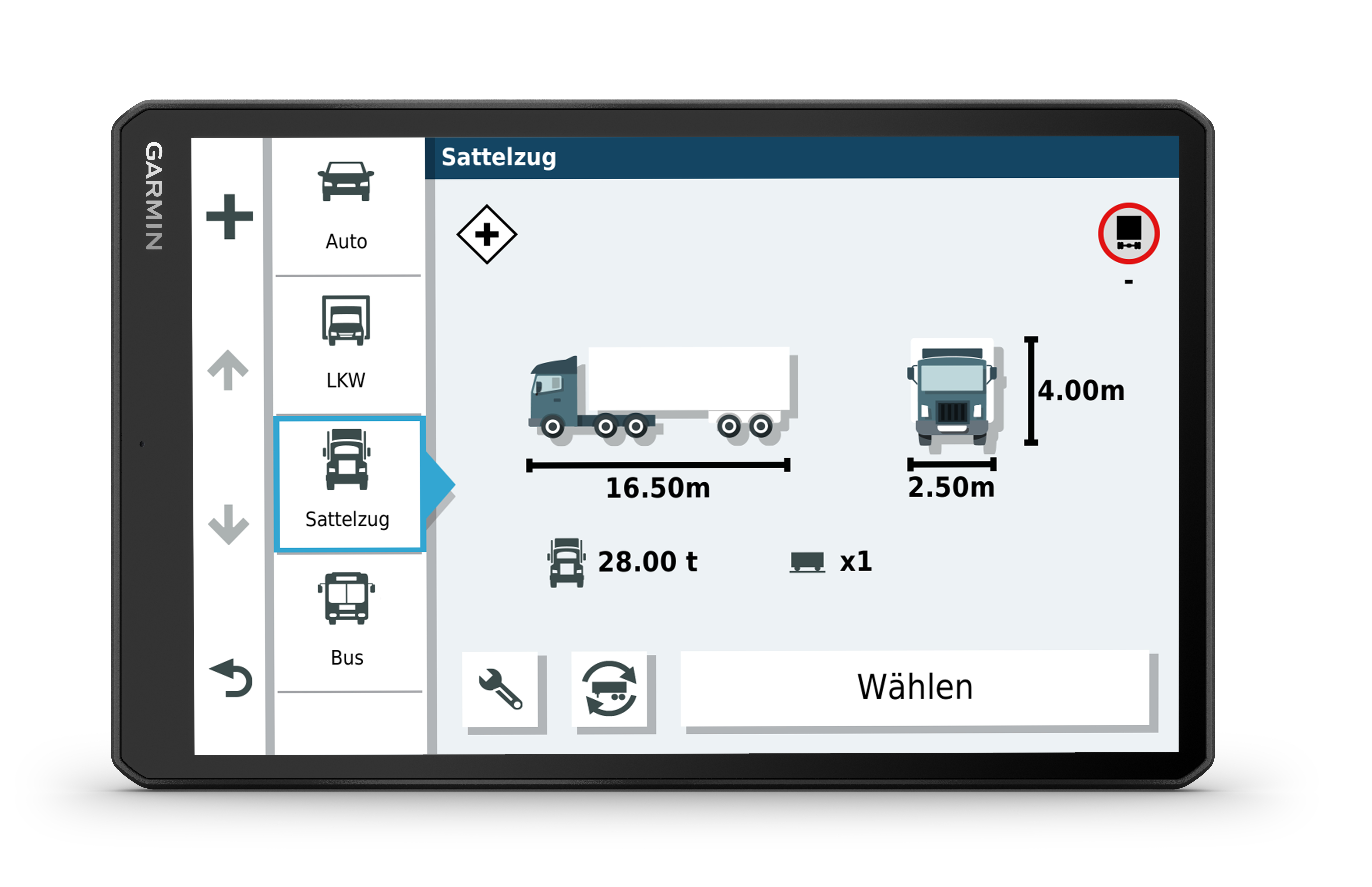 Ein Garmin GPS-Bildschirm, der ein Sattelzug-Symbol zeigt.