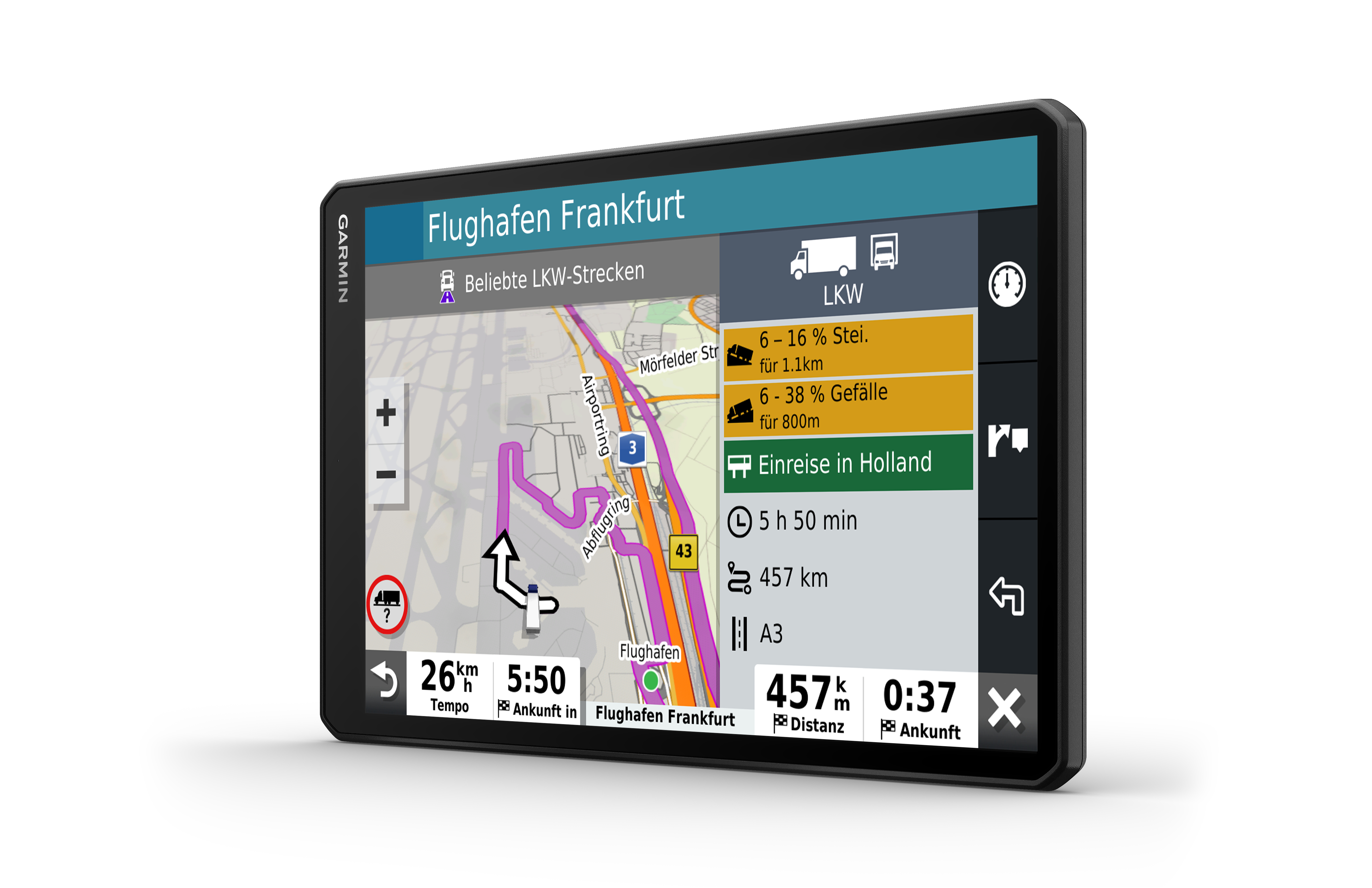 Ein schwarzes und graues Garmin GPS-Gerät zeigt eine Karte.