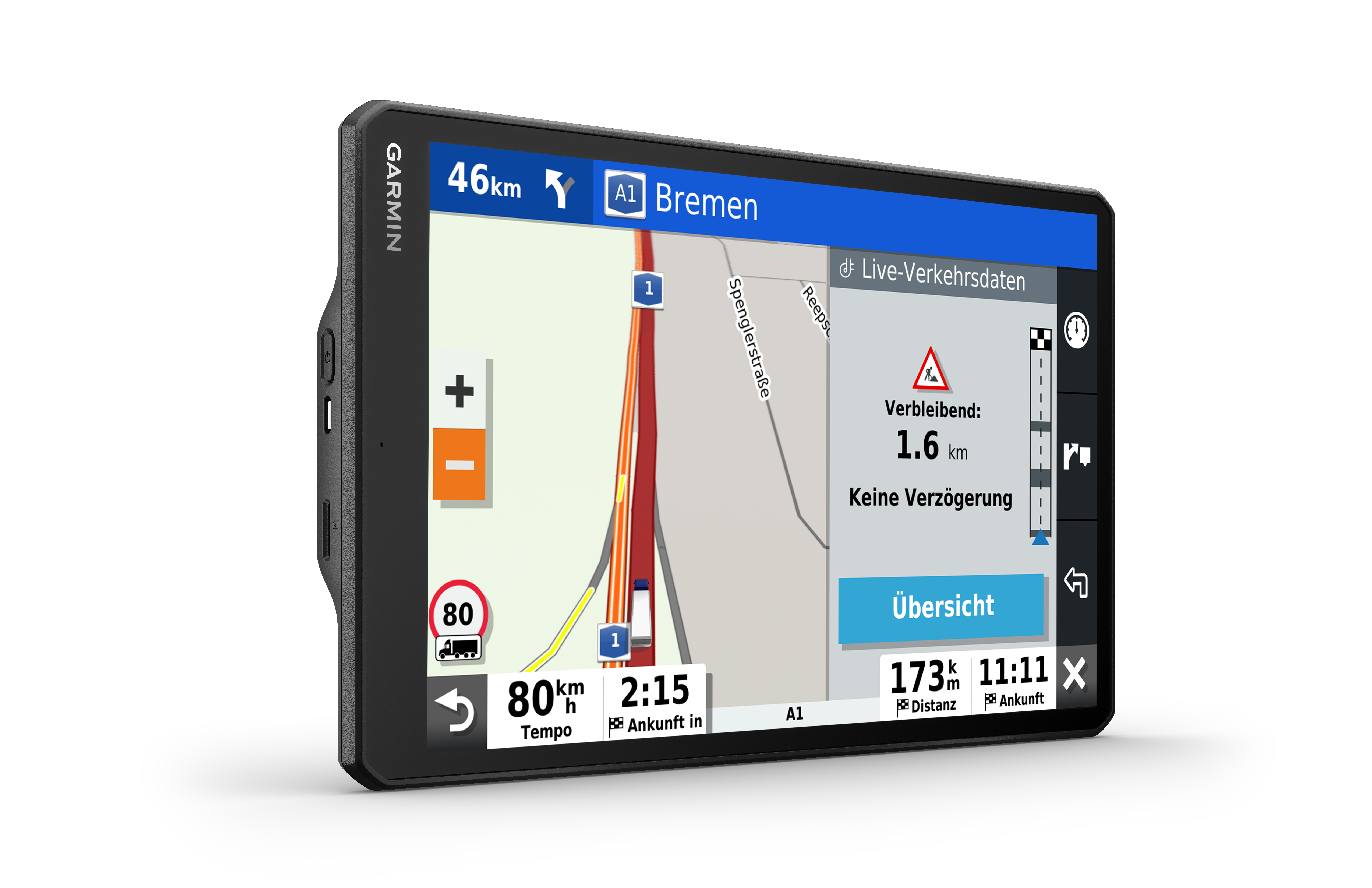Ein Garmin GPS-Gerät zeigt eine Karte mit Navigationsdetails an. Es zeigt eine Route, Geschwindigkeit und Entfernung.