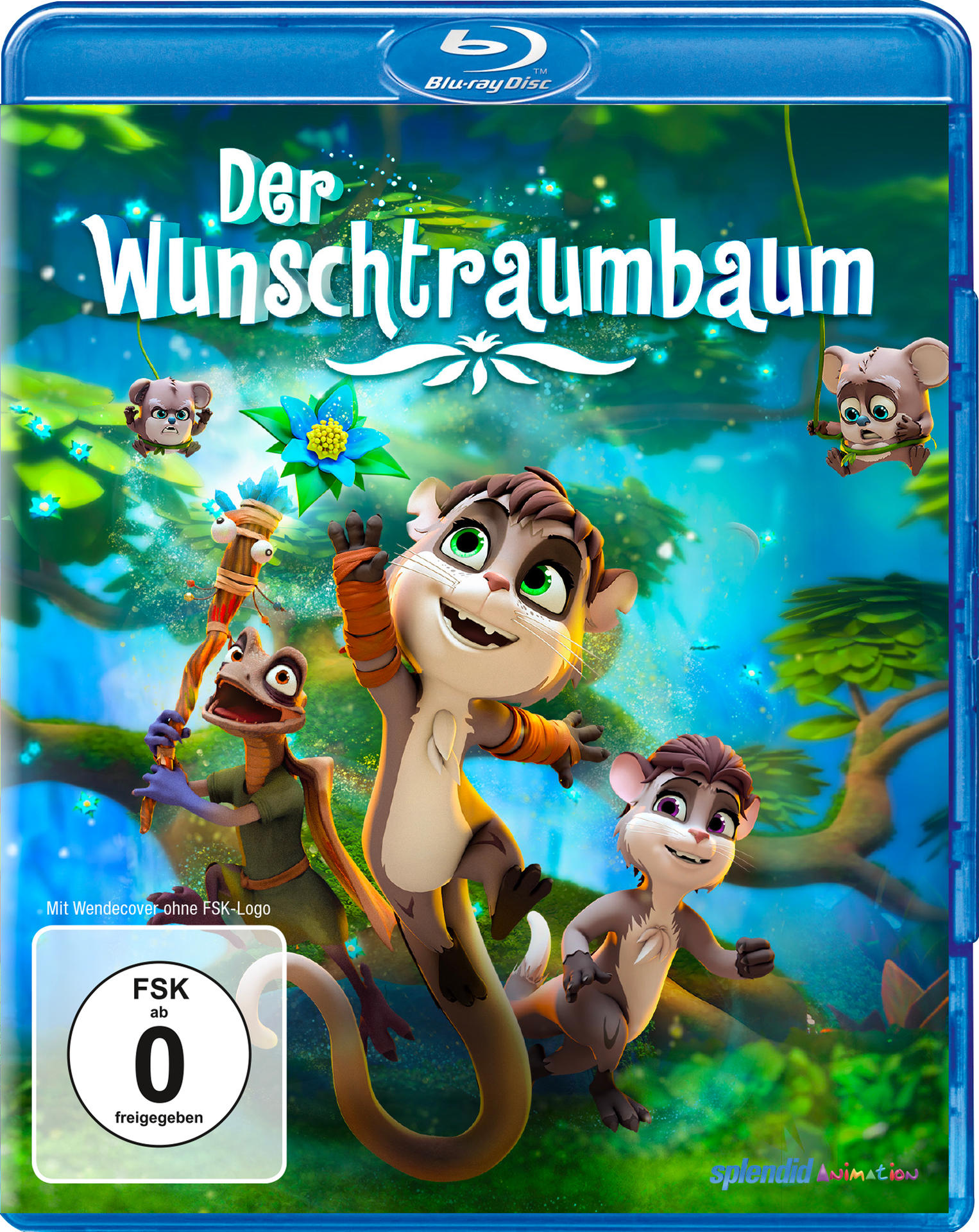 Blu-ray-Cover von 'Der Wunschtraumbaum'. Enthält animierte Charaktere und einen Waldhintergrund mit Text.