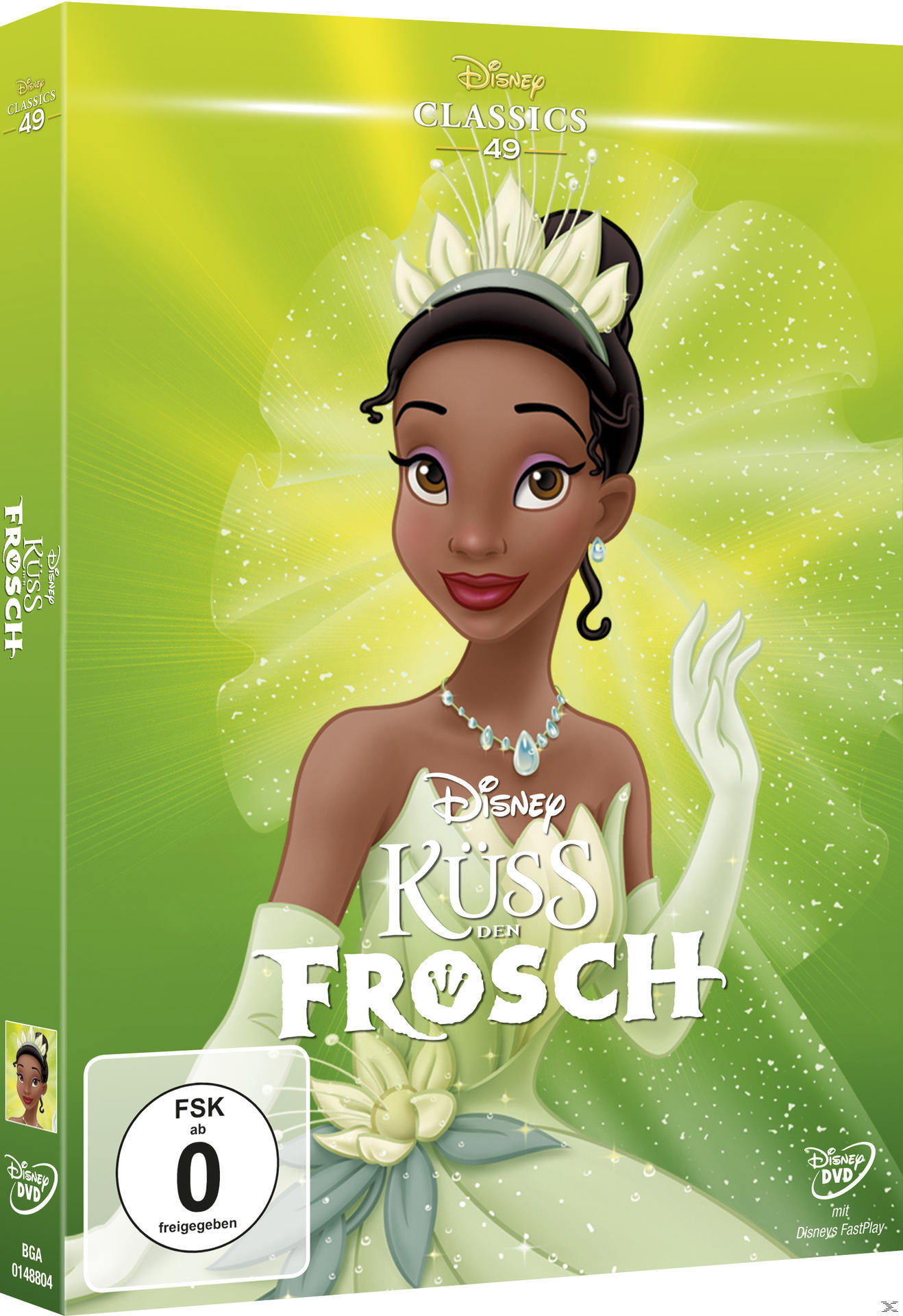 DVD-Cover von Disneys 'Küss den Frosch'. Es zeigt Tiana in einem grünen Kleid, mit dem Titel.
