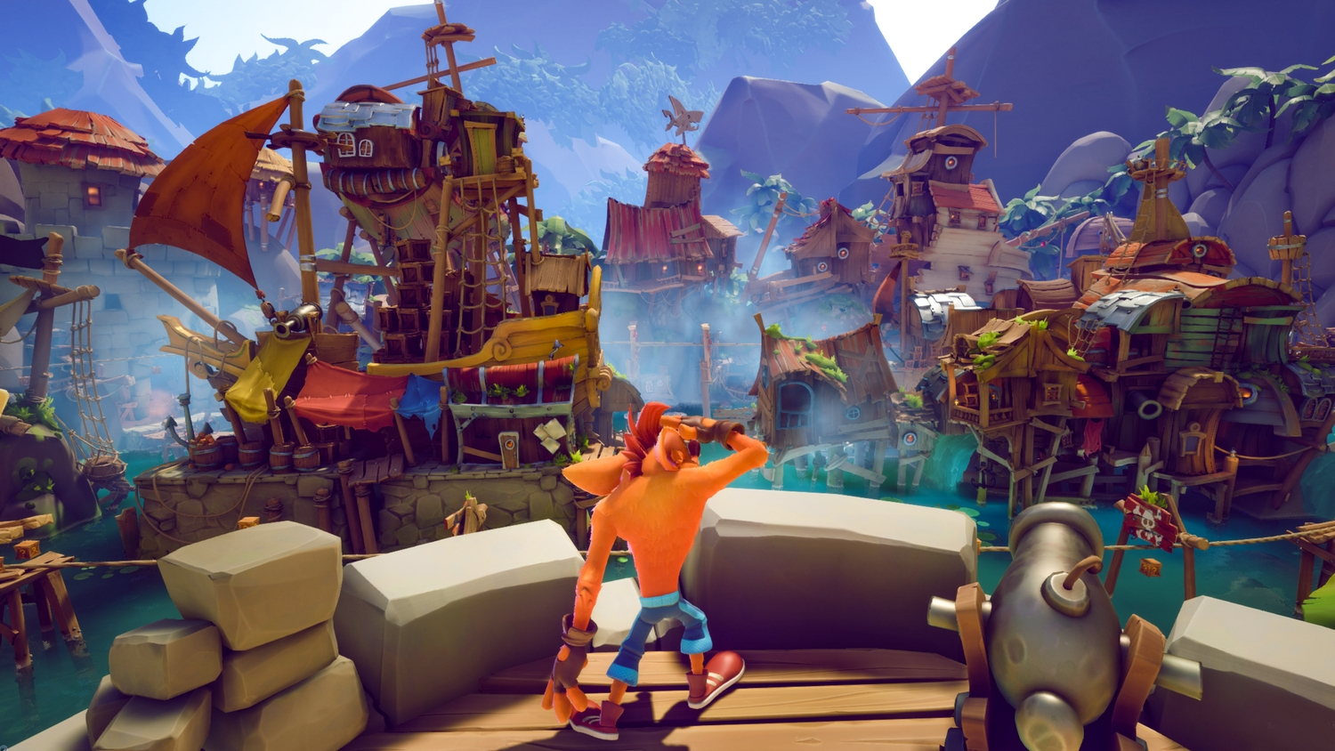 Un personaje de un videojuego en un muelle.
