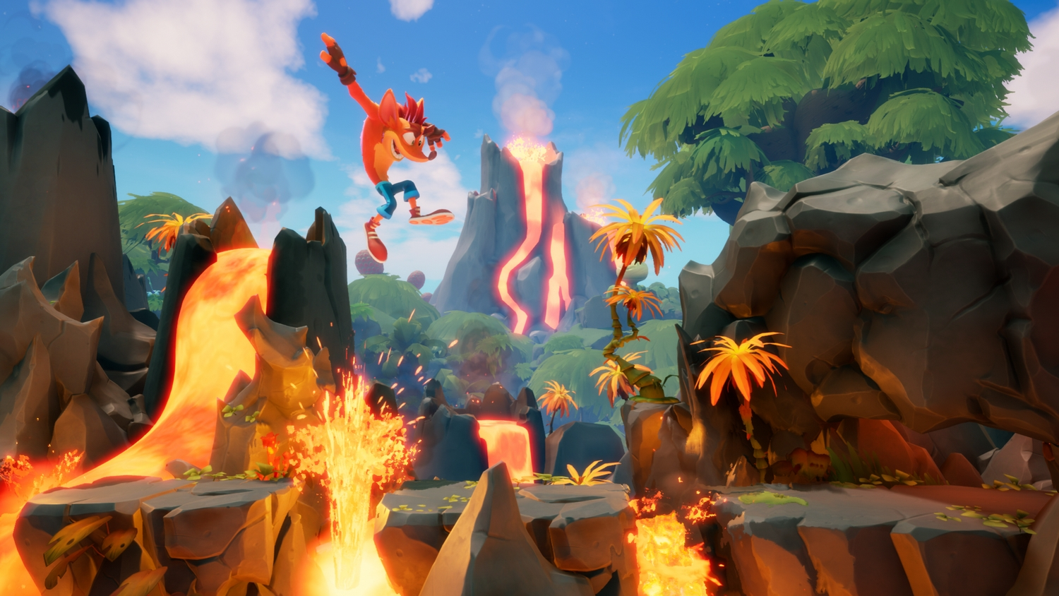 Crash Bandicoot saltando sobre lava y rocas en un entorno vibrante estilo caricatura.