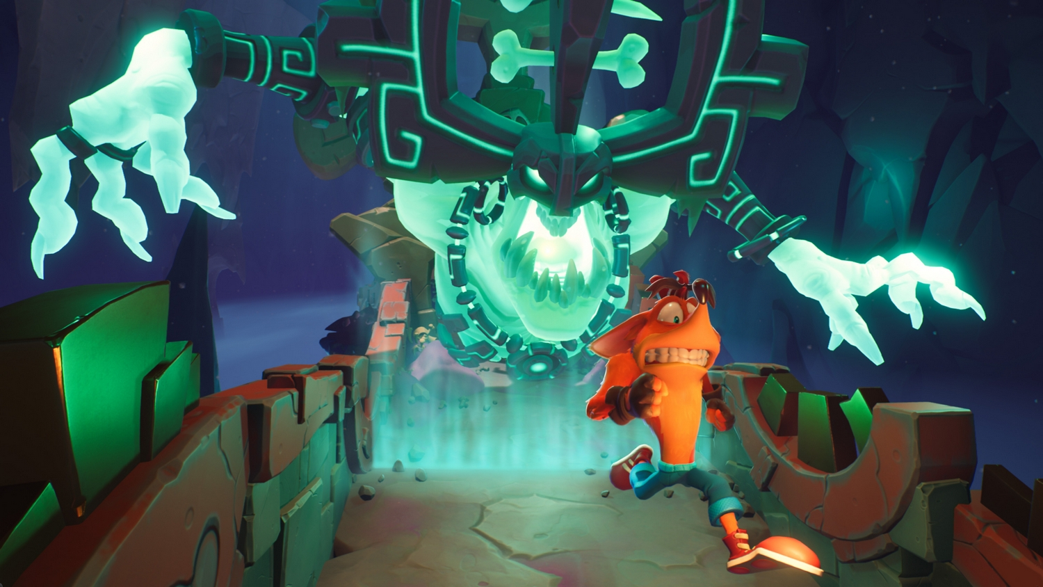 Crash Bandicoot huye de un monstruo en un entorno de videojuego colorido.