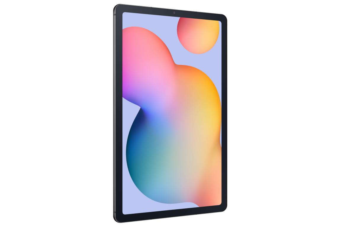 Una tableta con un fondo colorido se muestra desde un ángulo lateral.