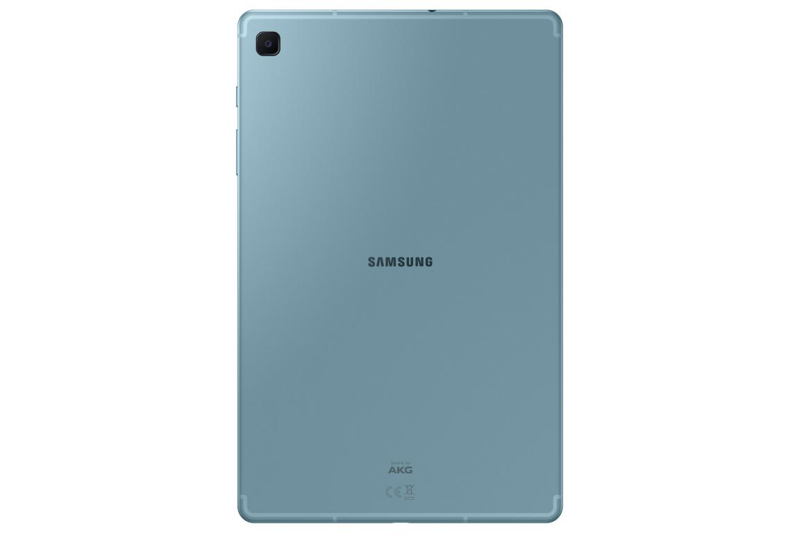 Una tableta Samsung azul claro. La parte trasera de la tableta es visible, con el logotipo de Samsung en el centro.