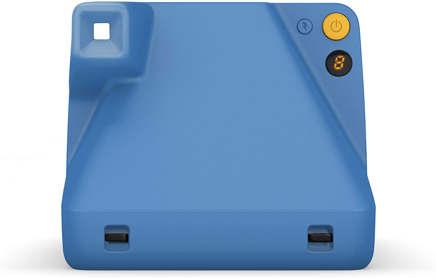 Eine blaue Polaroid-Kamera mit gelbem Knopf und Display.