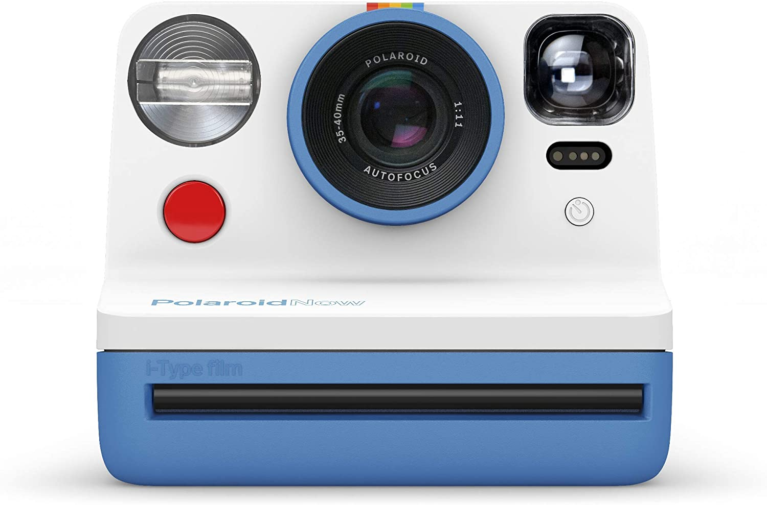 Polaroid Now Kamera, weiß mit blauen Akzenten und rotem Knopf. I-Typ Filmschlitz.