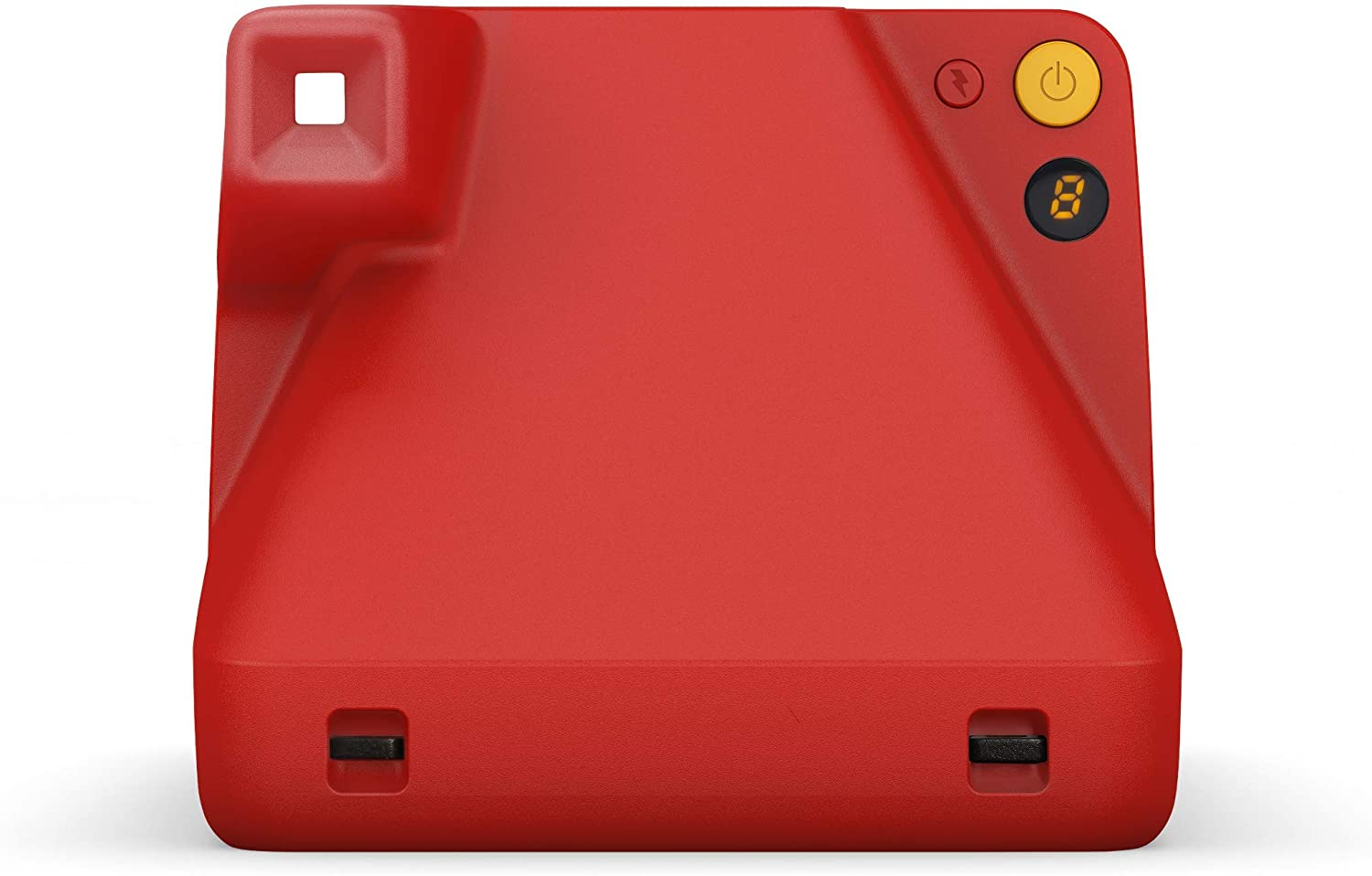 Rote Polaroid-Kamera mit Knöpfen und Blitz auf weißem Hintergrund.