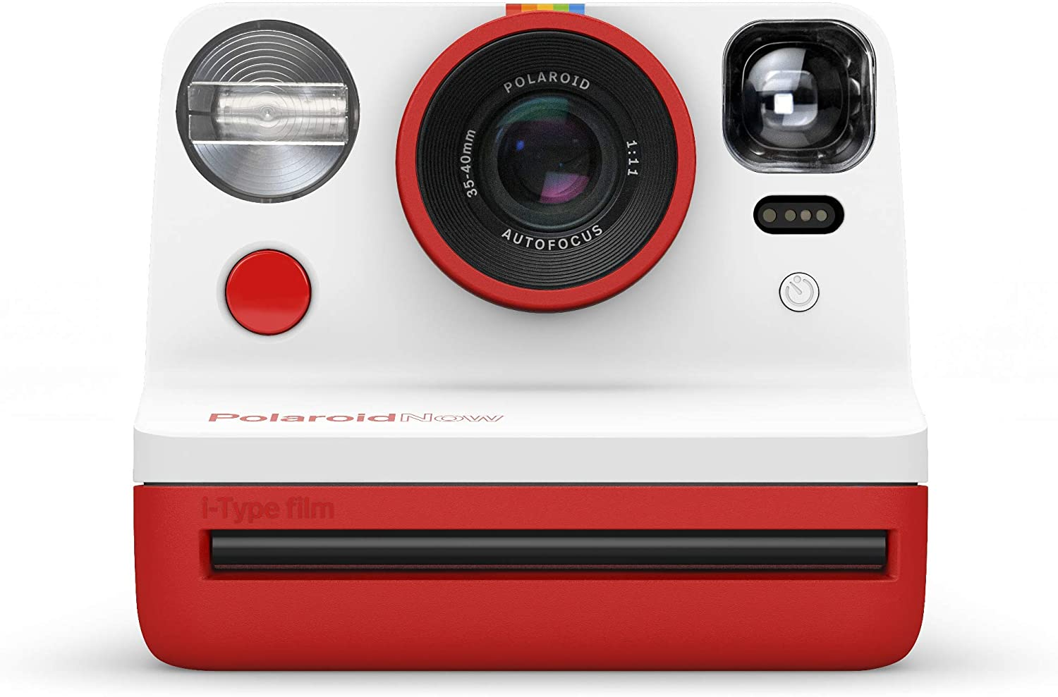 Weiße und rote Polaroid-Kamera mit Objektiv und Knöpfen.