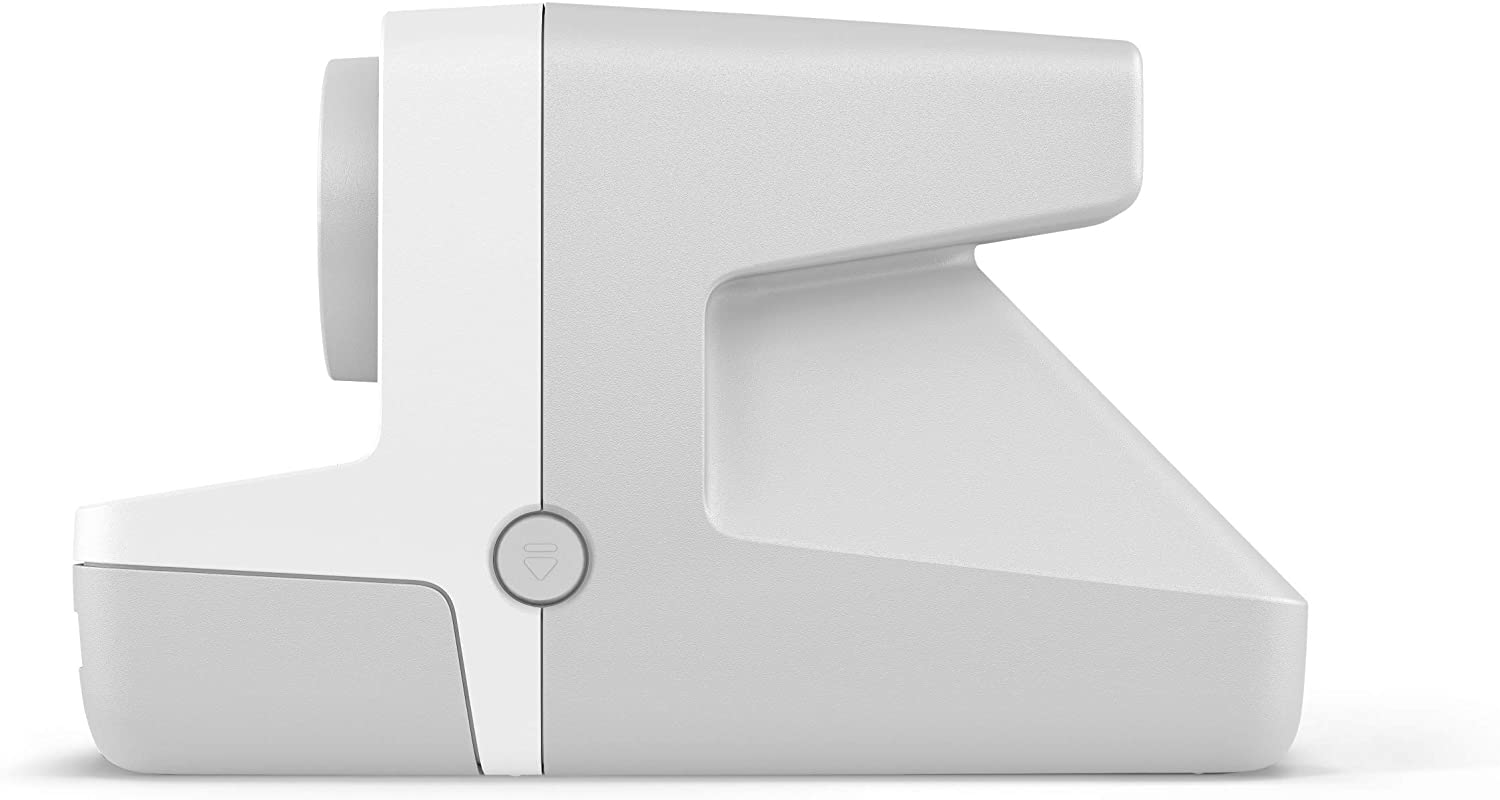 Weiße Polaroid-Kamera Seitenansicht, mit Taste.