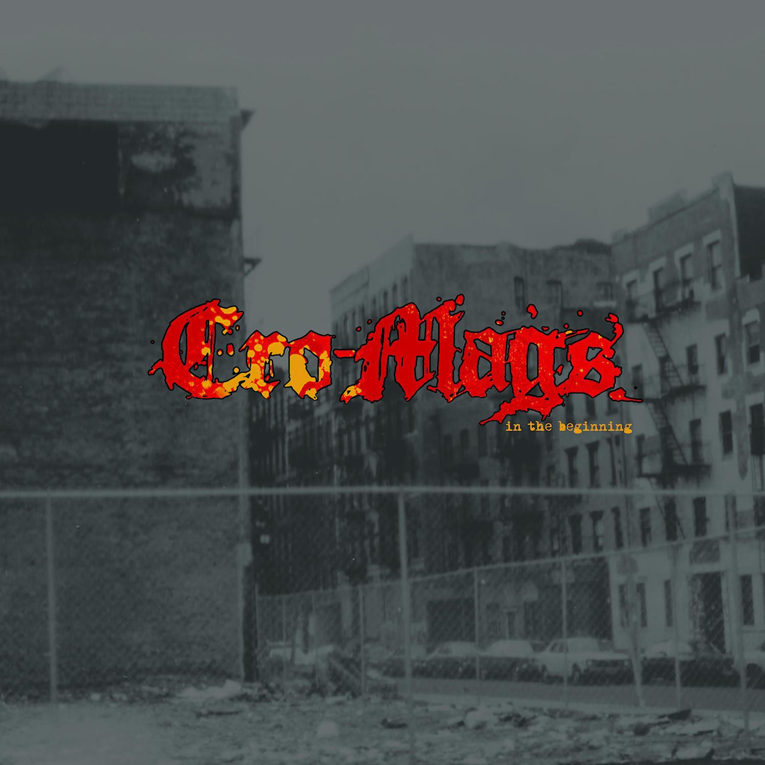Albumcover für 'Cro-Mags - In the Beginning'. Graffiti-Logo in Rot über einer Graustufen-Stadtlandschaft.