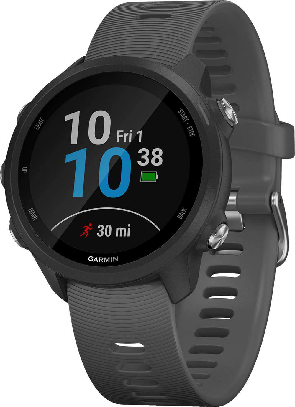 Zwarte Garmin smartwatch met een digitaal display met tijd, datum en activiteitsgegevens.