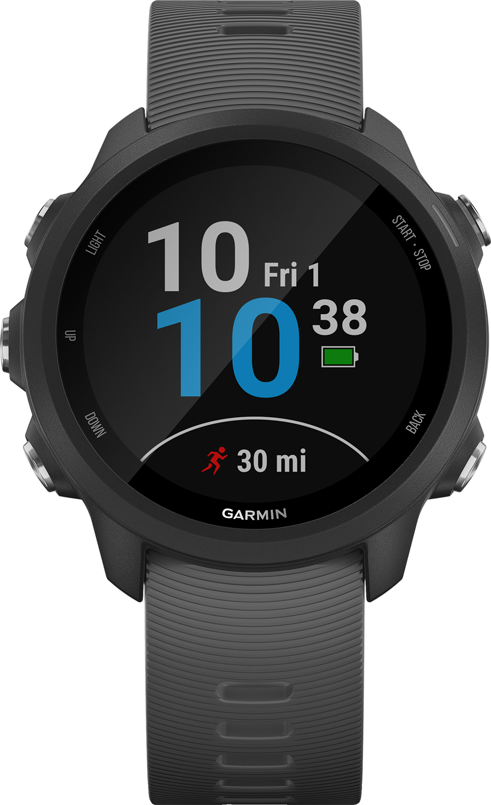 Garmin smartwatch met tijd, datum, batterij en afstand, op een donkergrijze band.