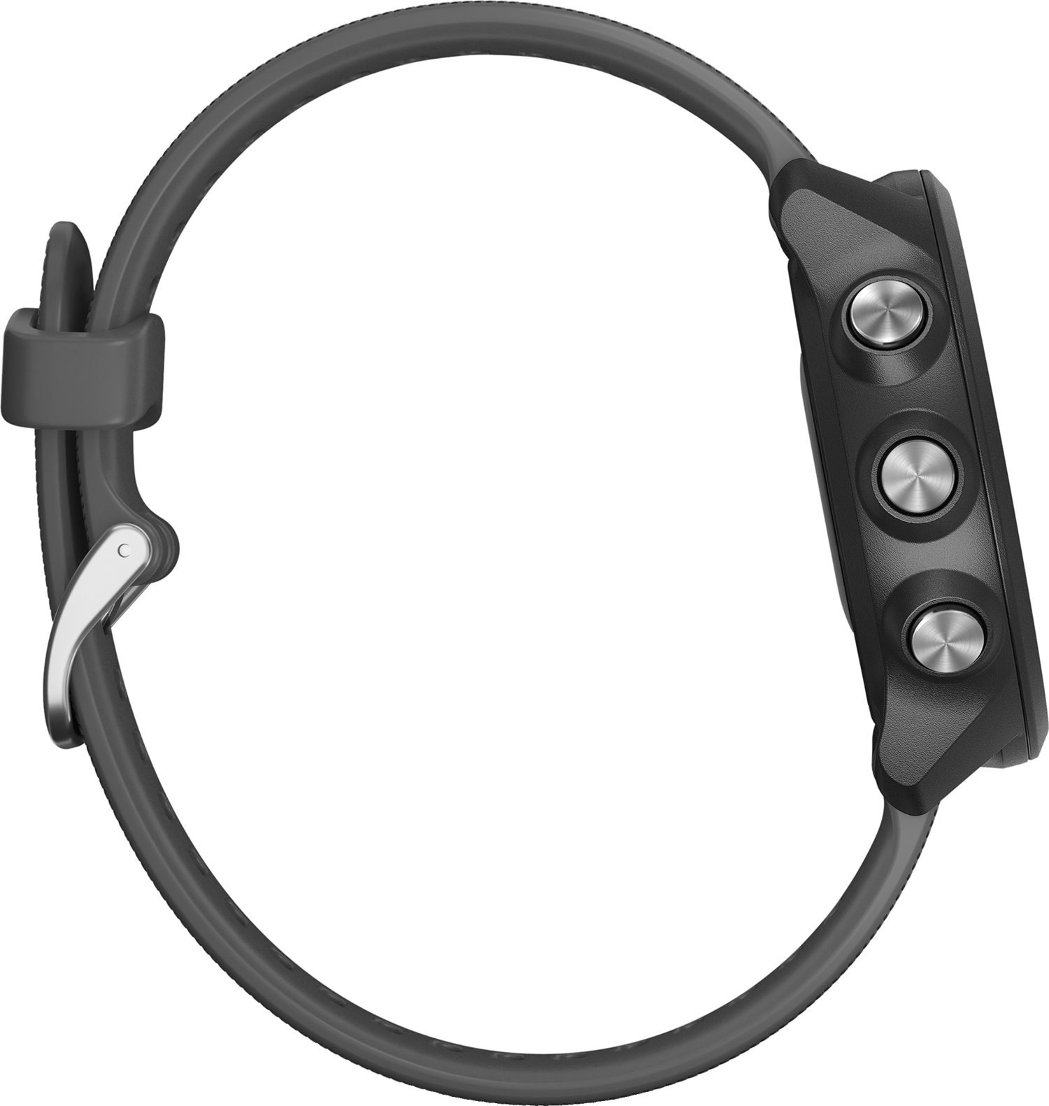 Garmin smartwatch in zijaanzicht. Grijze band en knoppen.