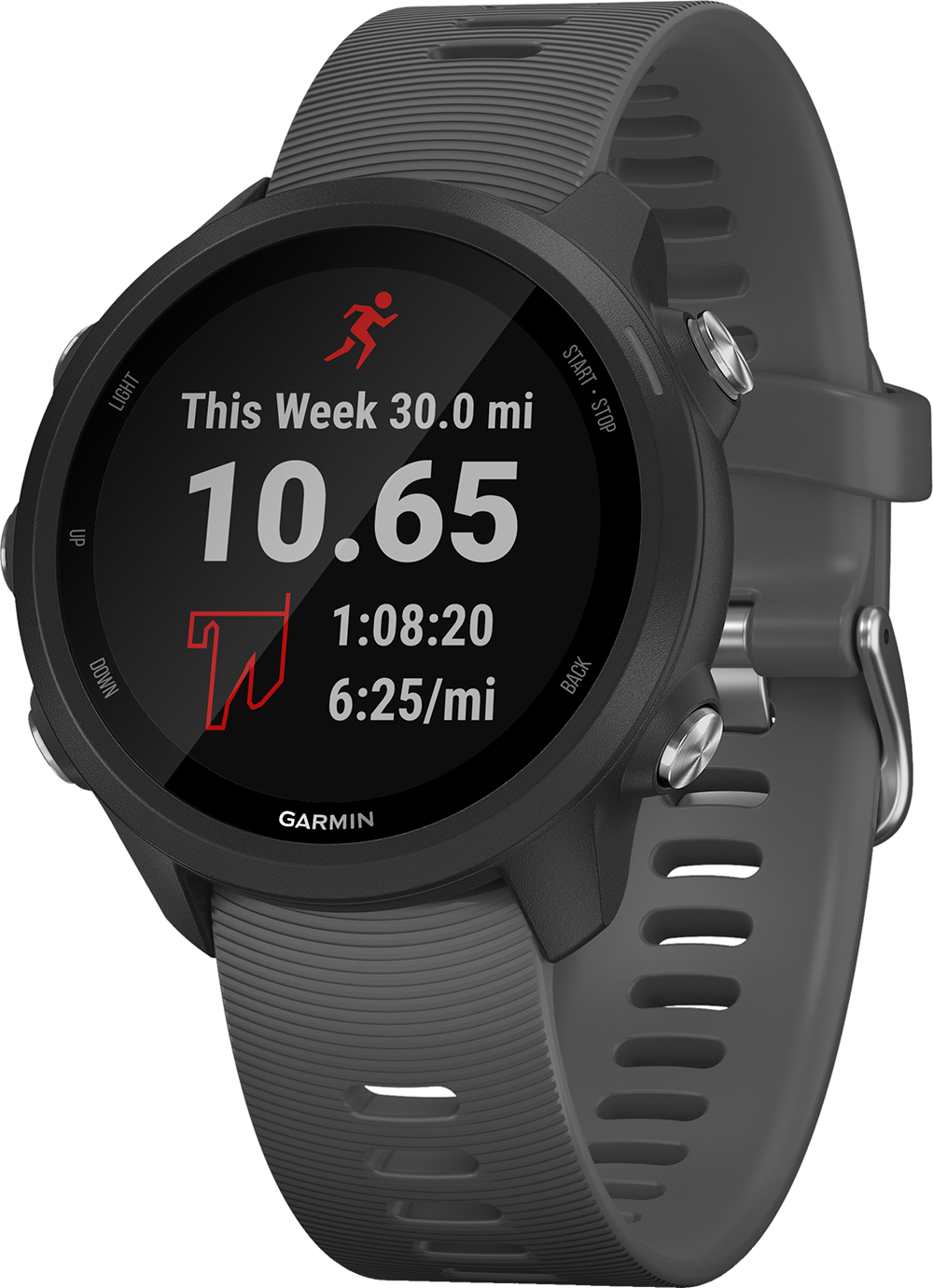 Een zwarte Garmin horloge toont hardloopstatistieken: afstand, tijd en tempo.