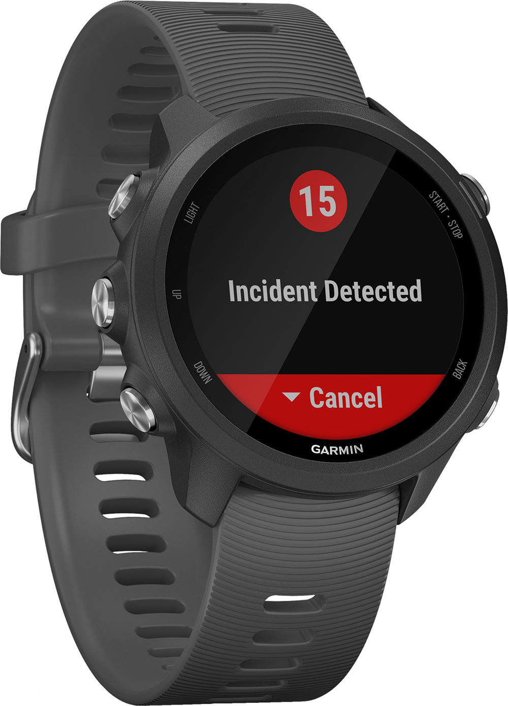 Garmin smartwatch met 'Incident gedetecteerd' op het scherm. Zwart horloge met grijze band. Rode tekst.