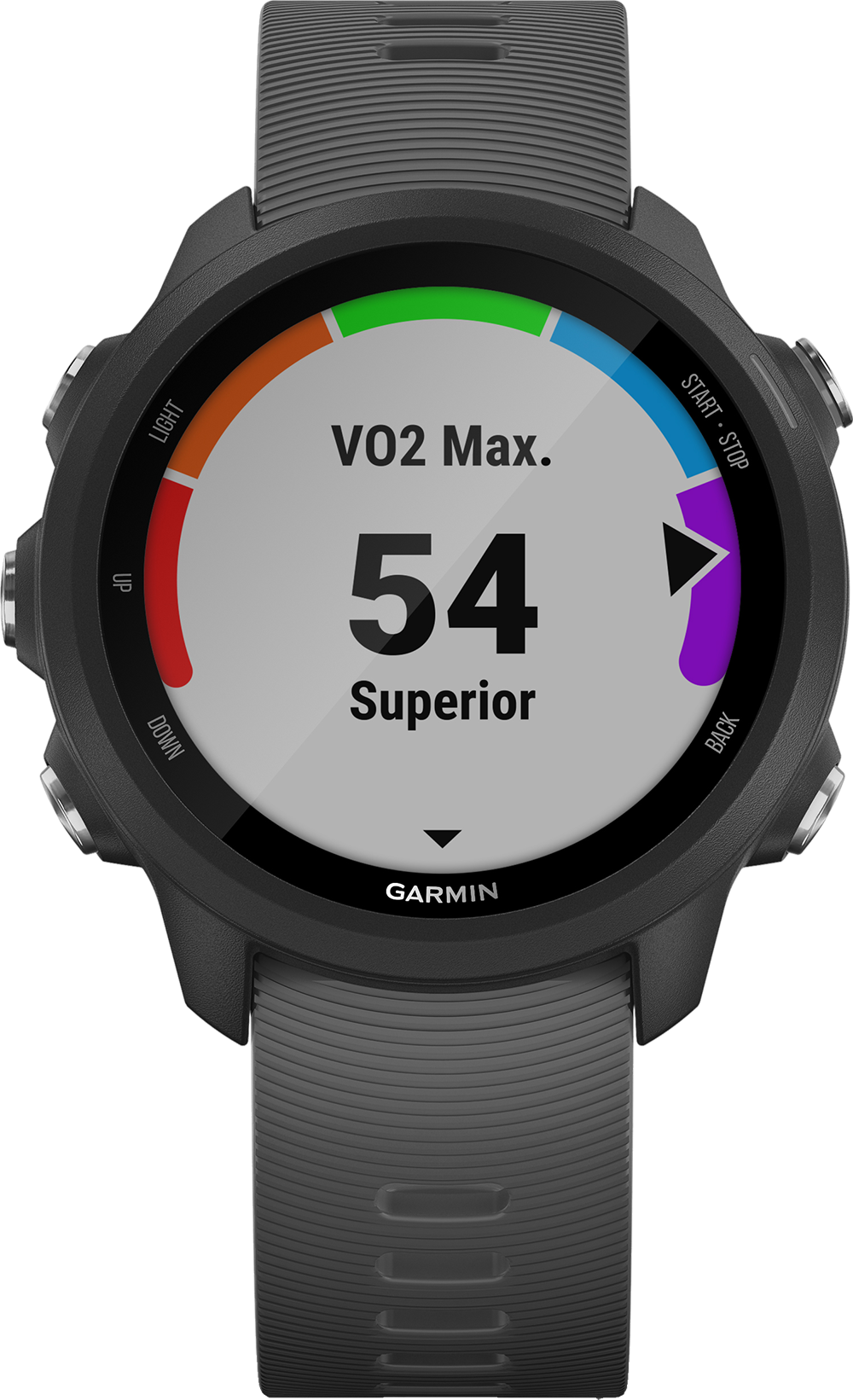 Zwarte Garmin smartwatch, met VO2 Max data, gekleurde zones en het getal 54.